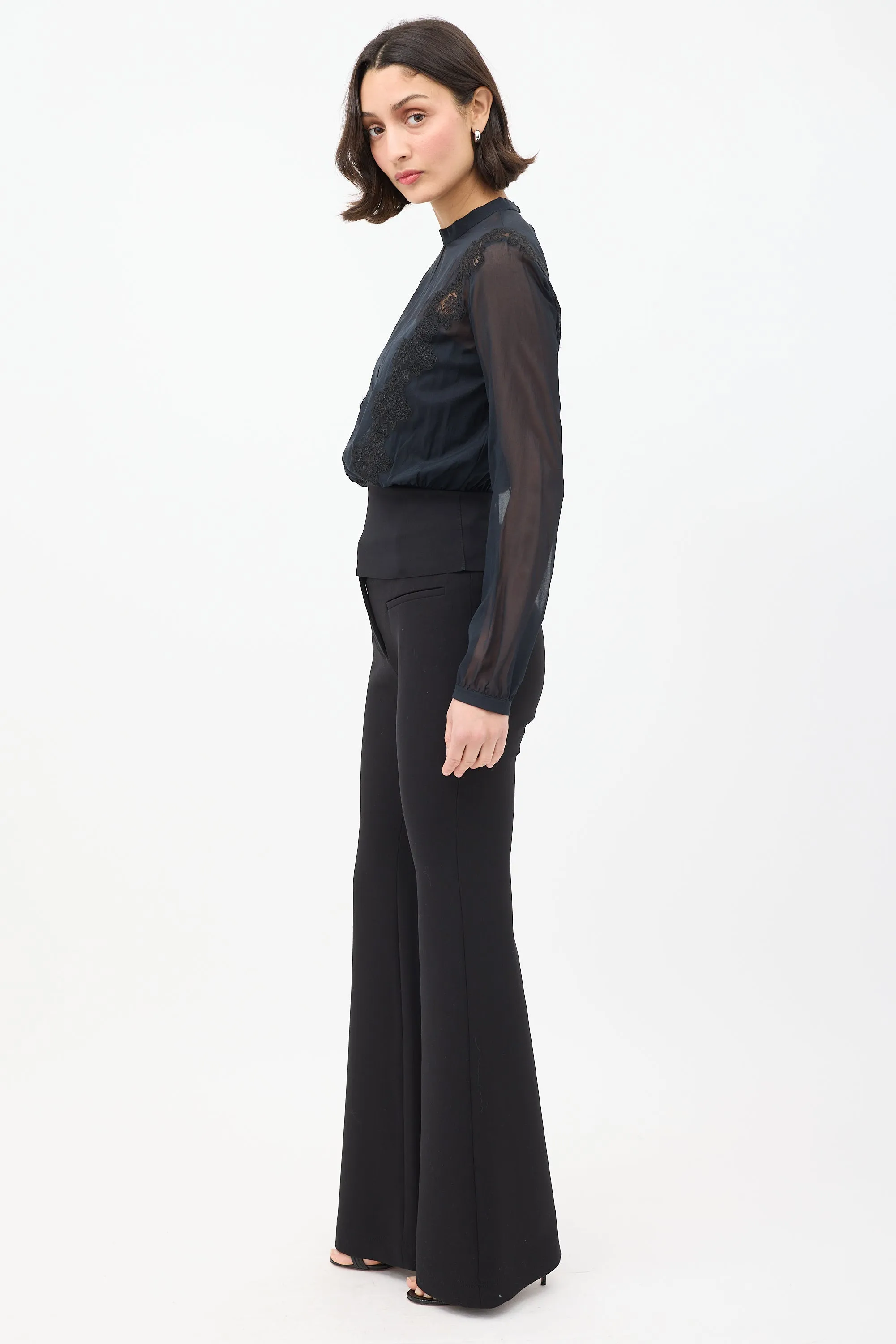 Black Wool Flared Trouser