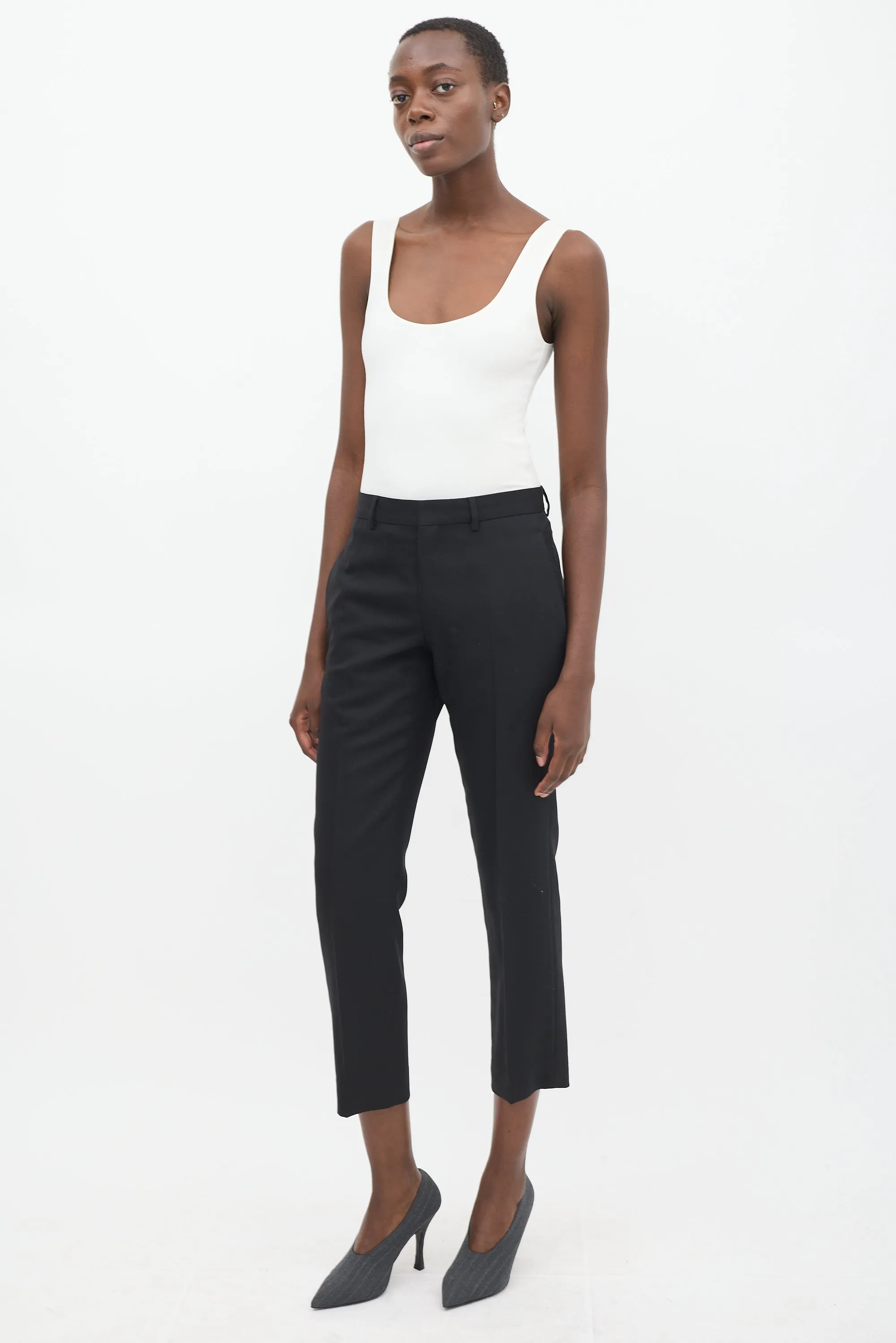 Black Wool Tapered Cropped Trouser
