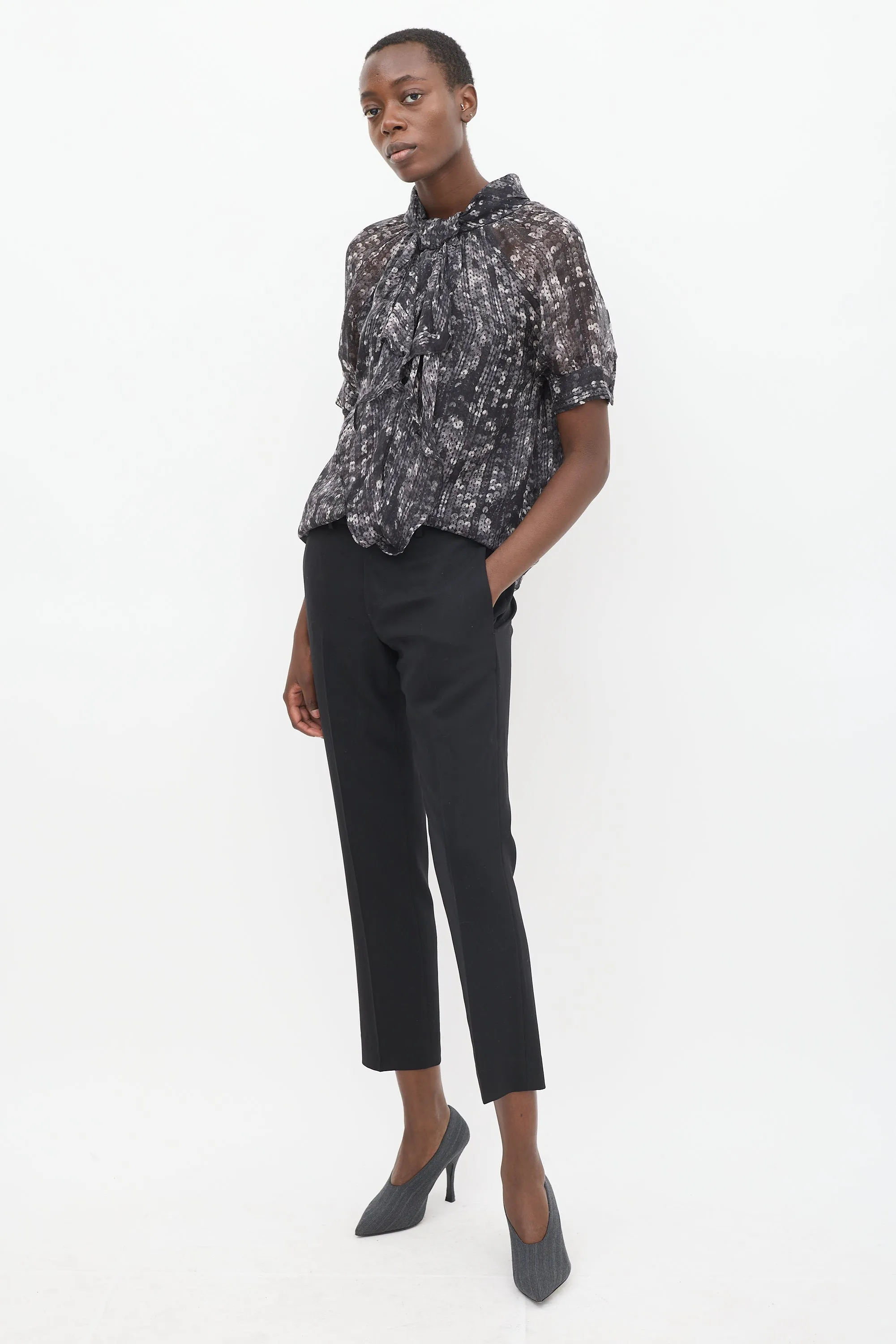 Black Wool Tapered Cropped Trouser