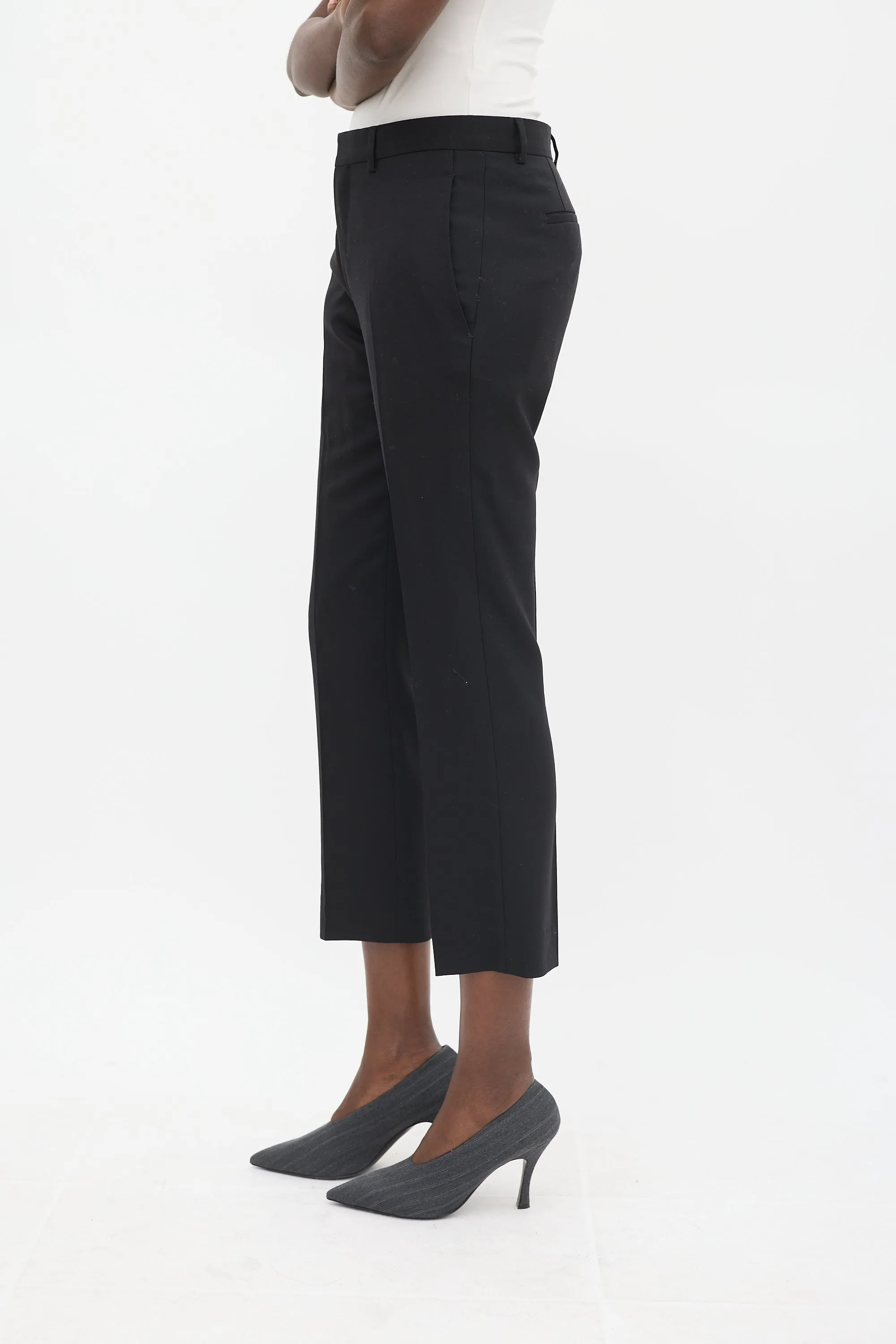 Black Wool Tapered Cropped Trouser