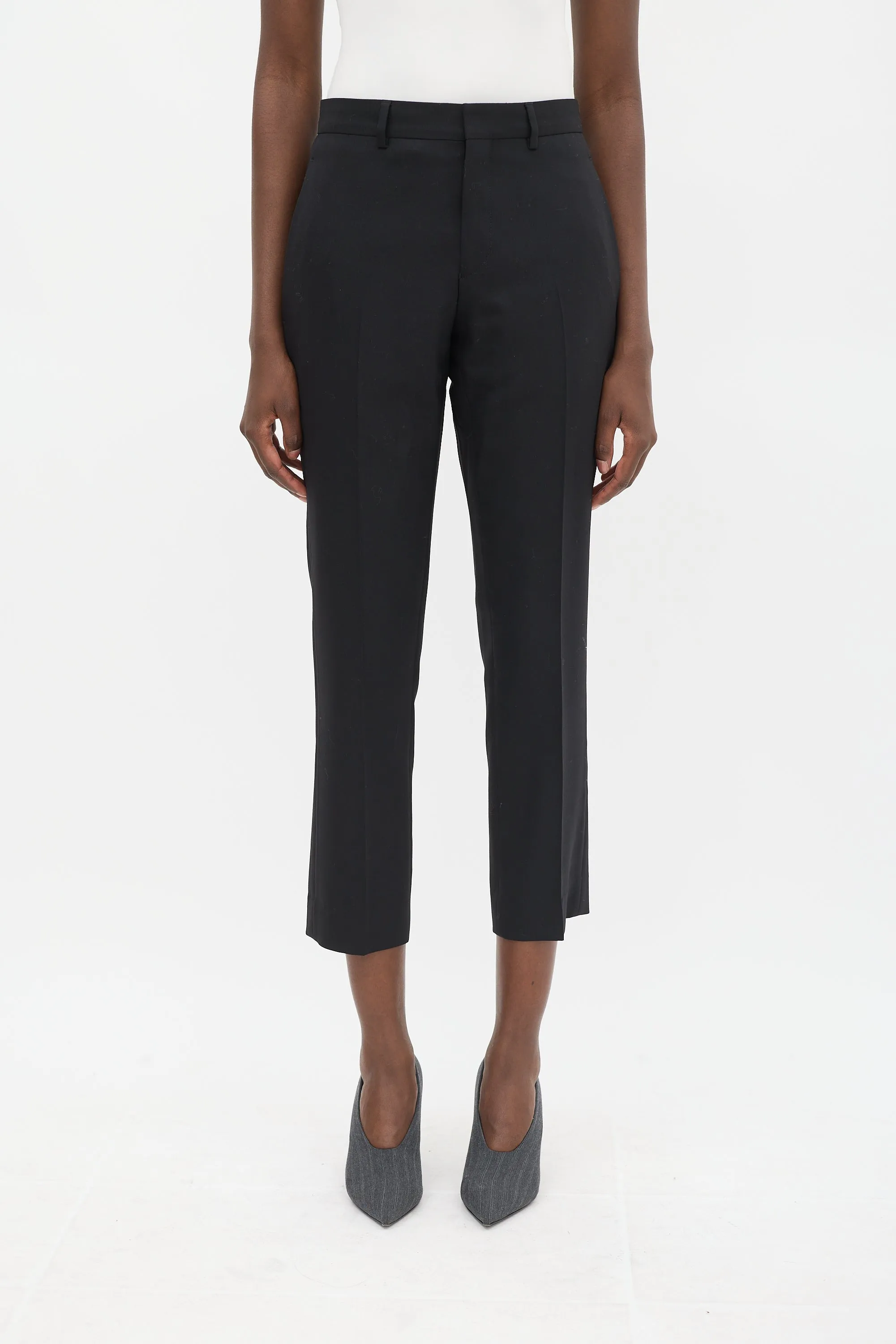 Black Wool Tapered Cropped Trouser