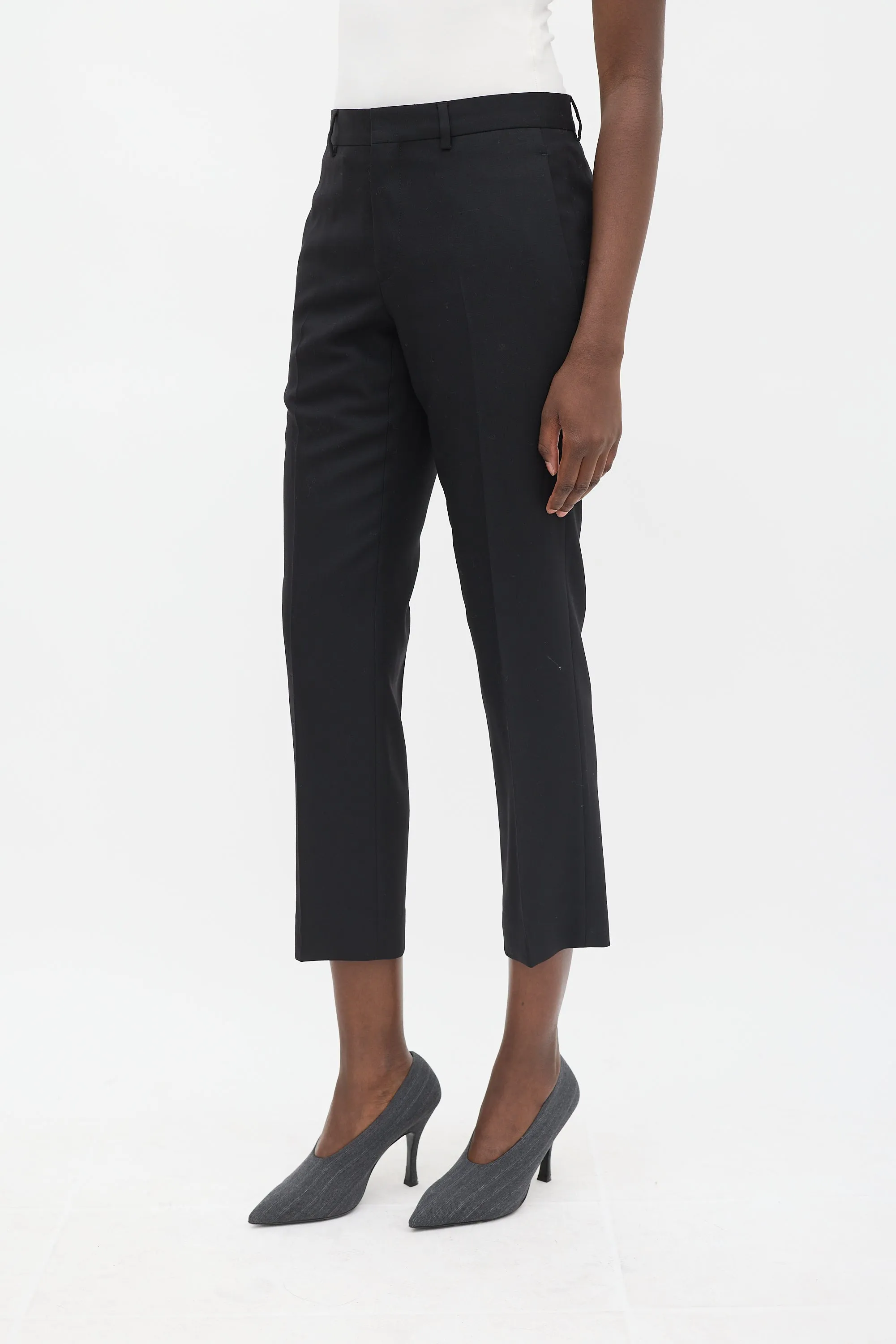 Black Wool Tapered Cropped Trouser