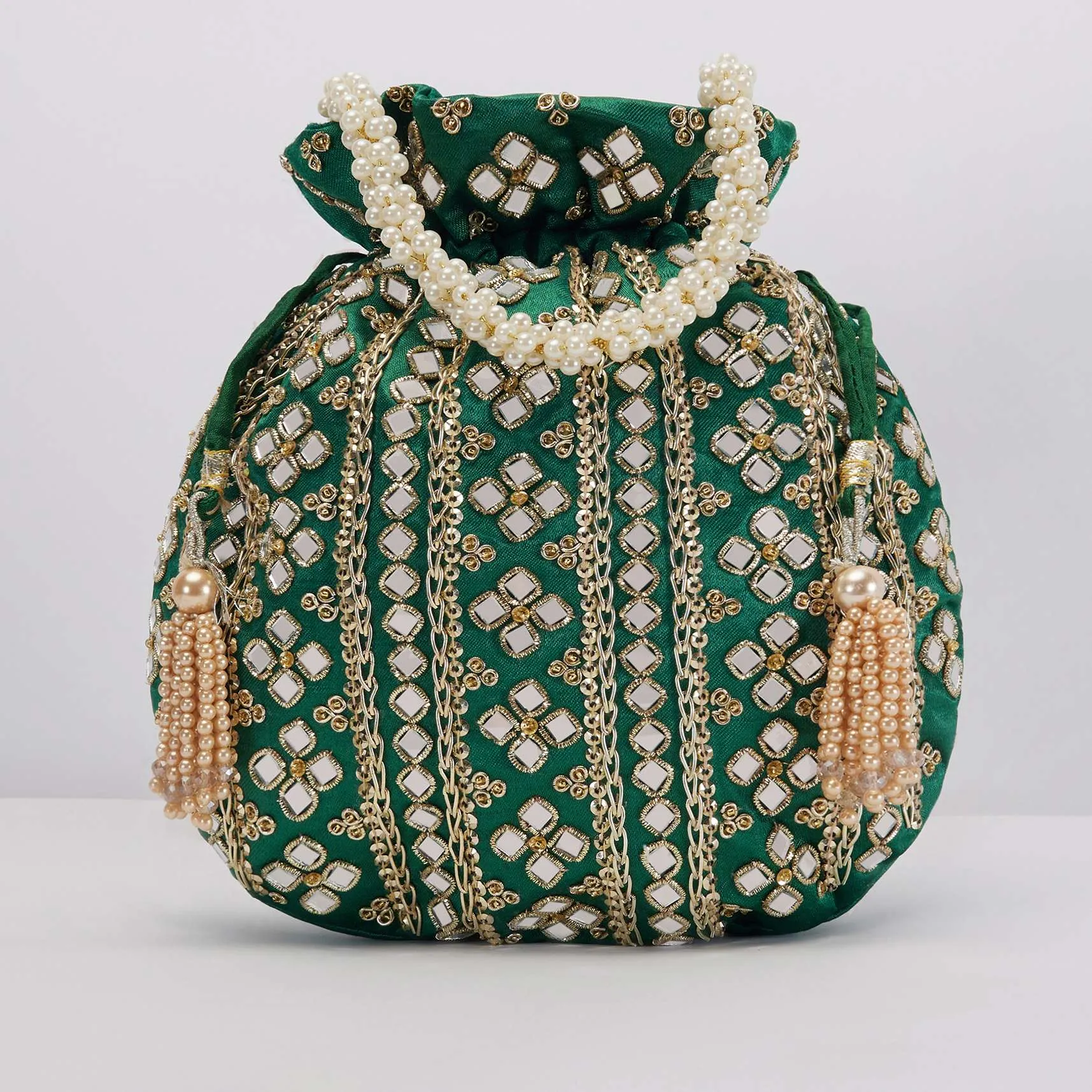 Bottle Green Potli In Satin With Hand Embroidery Detailing Using Mirror And Zardosi In Geometric Design