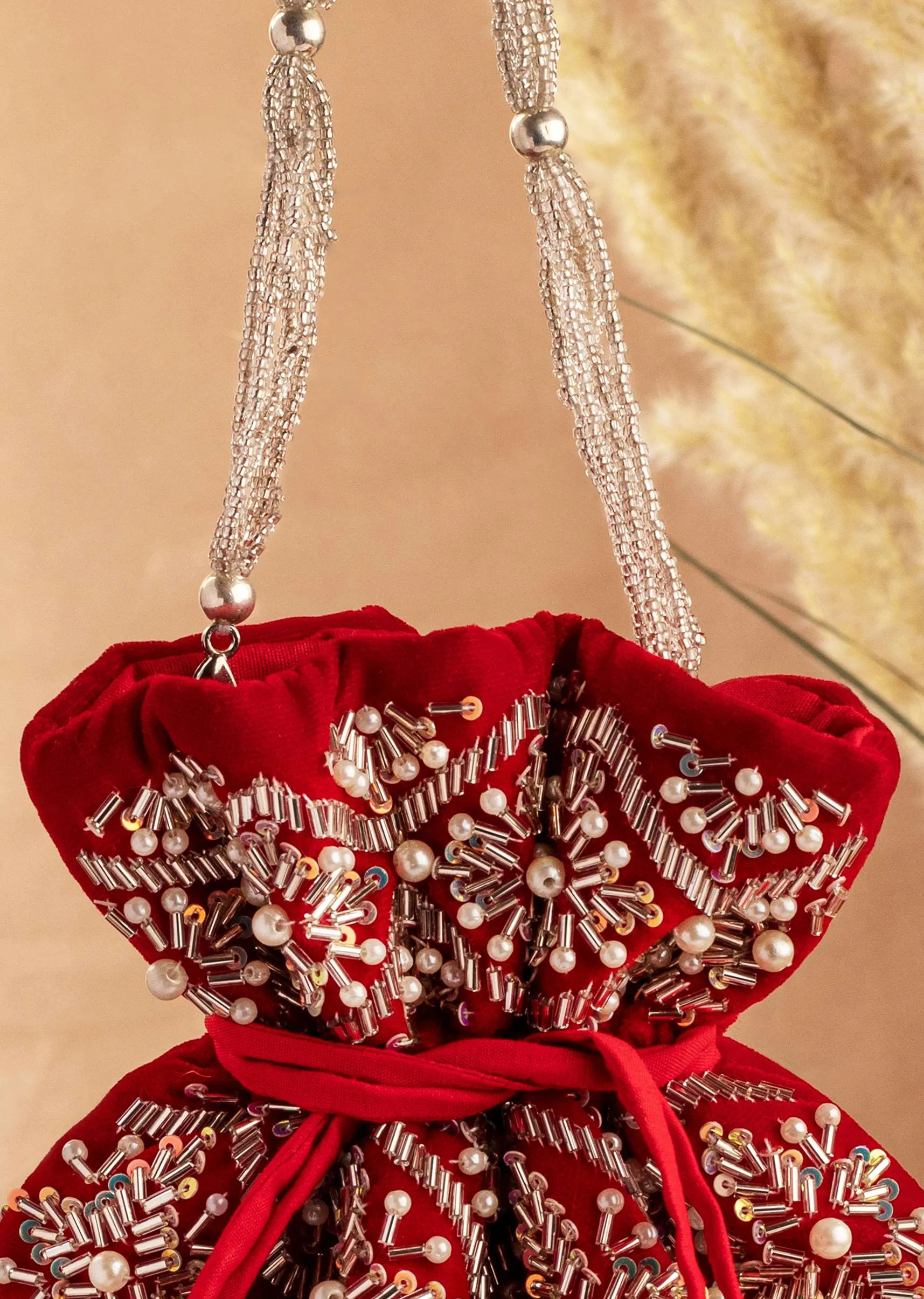 Carmine Red Potli Hand Embroidered In Raw Silk
