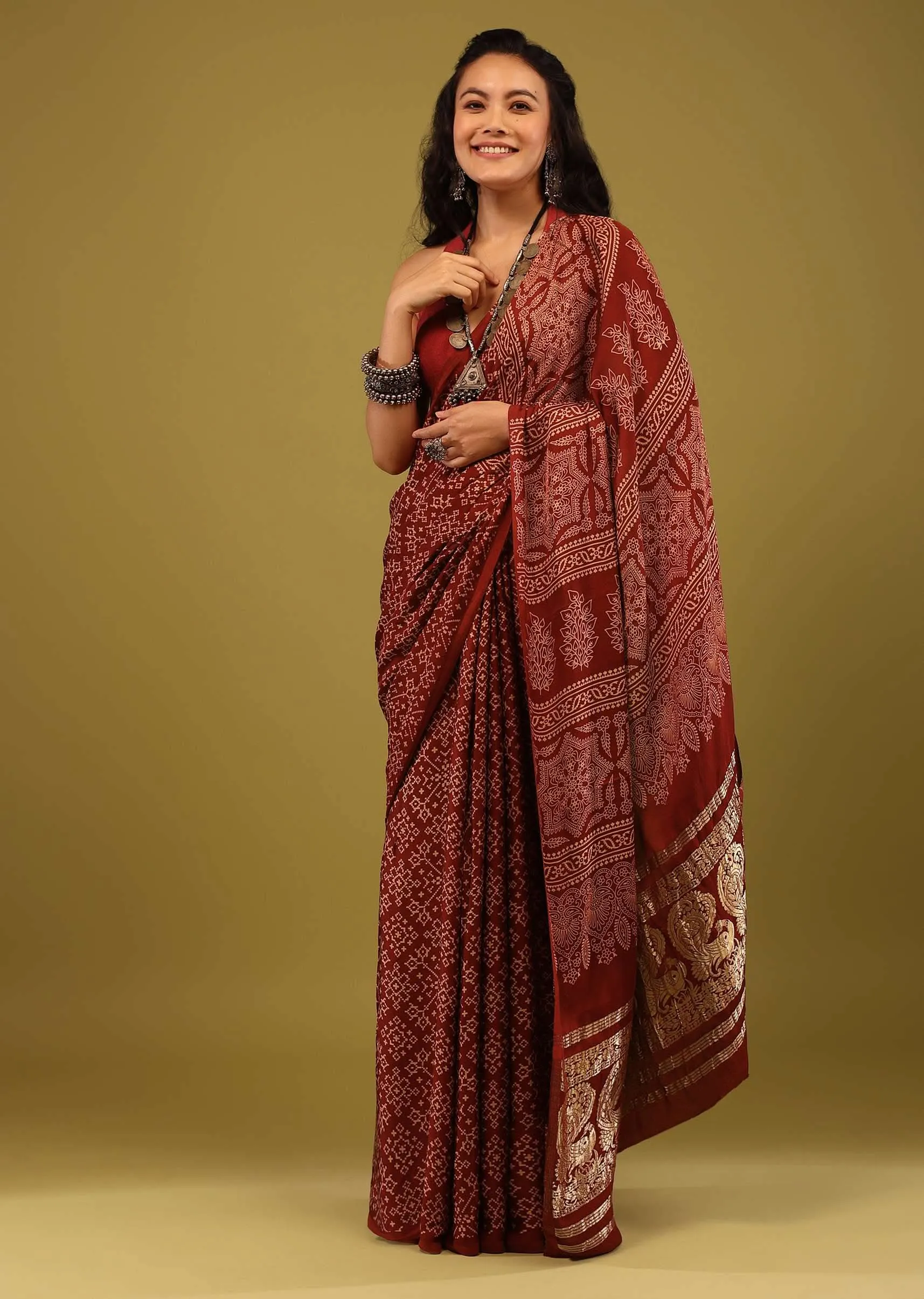 Carmine Red Saree In Satin With Ajrakh Block Print And Brocade Work