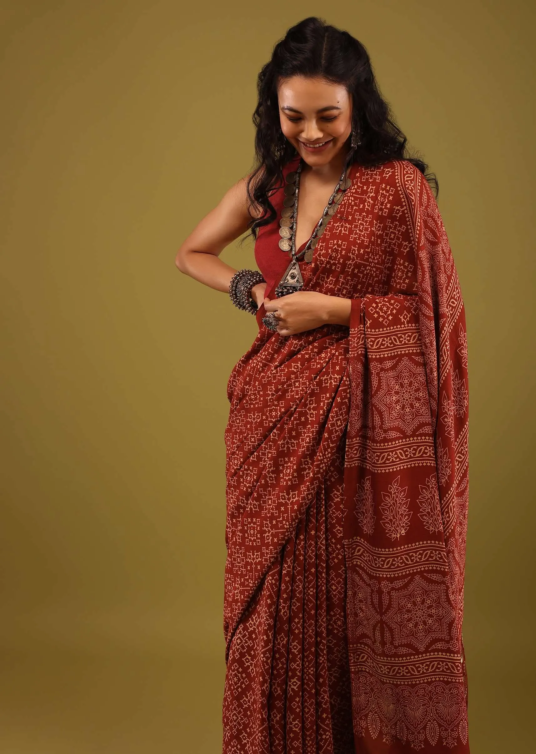 Carmine Red Saree In Satin With Ajrakh Block Print And Brocade Work