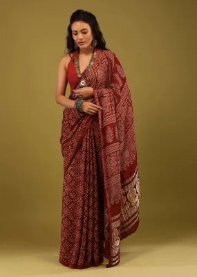 Carmine Red Saree In Satin With Ajrakh Block Print And Brocade Work