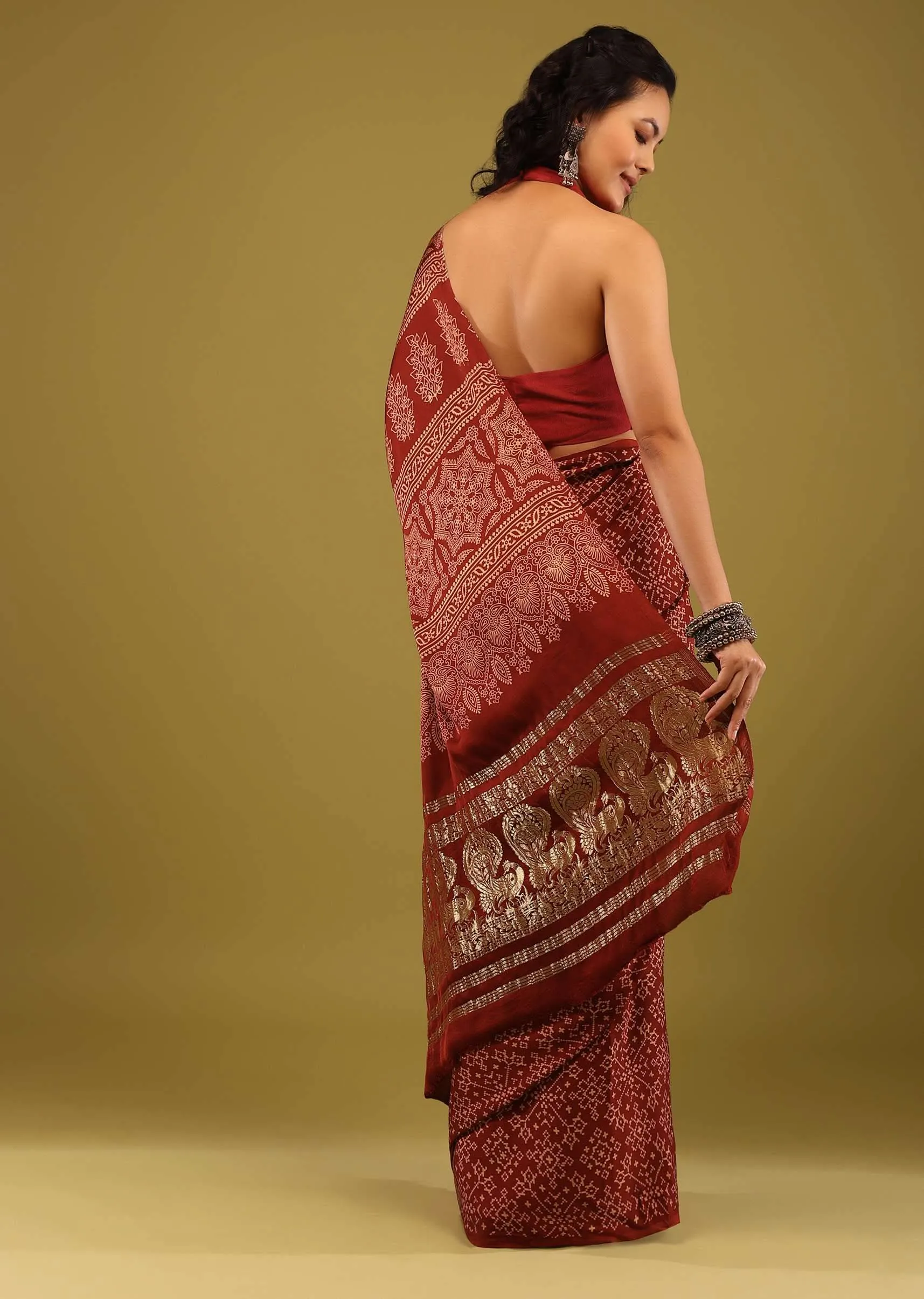 Carmine Red Saree In Satin With Ajrakh Block Print And Brocade Work