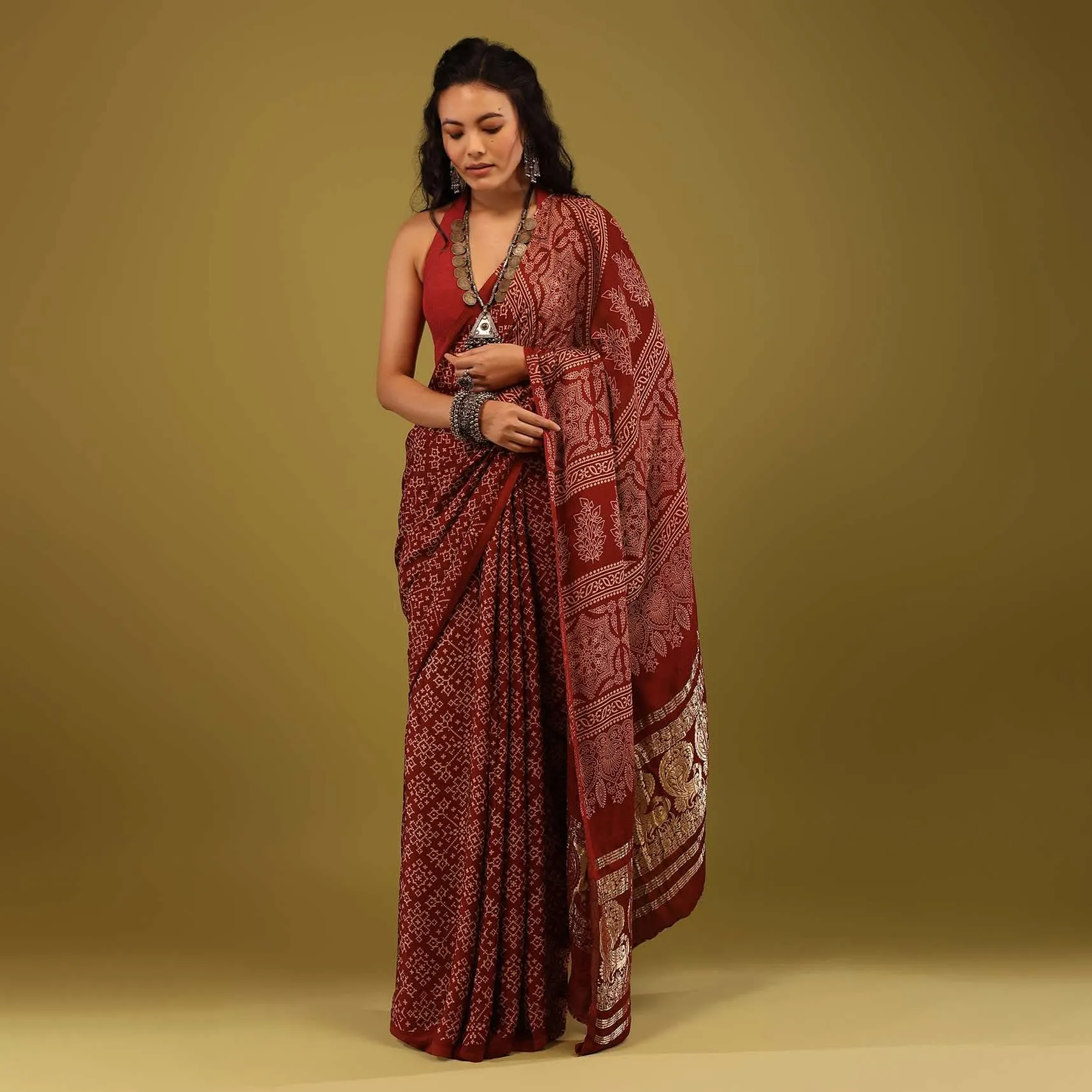 Carmine Red Saree In Satin With Ajrakh Block Print And Brocade Work