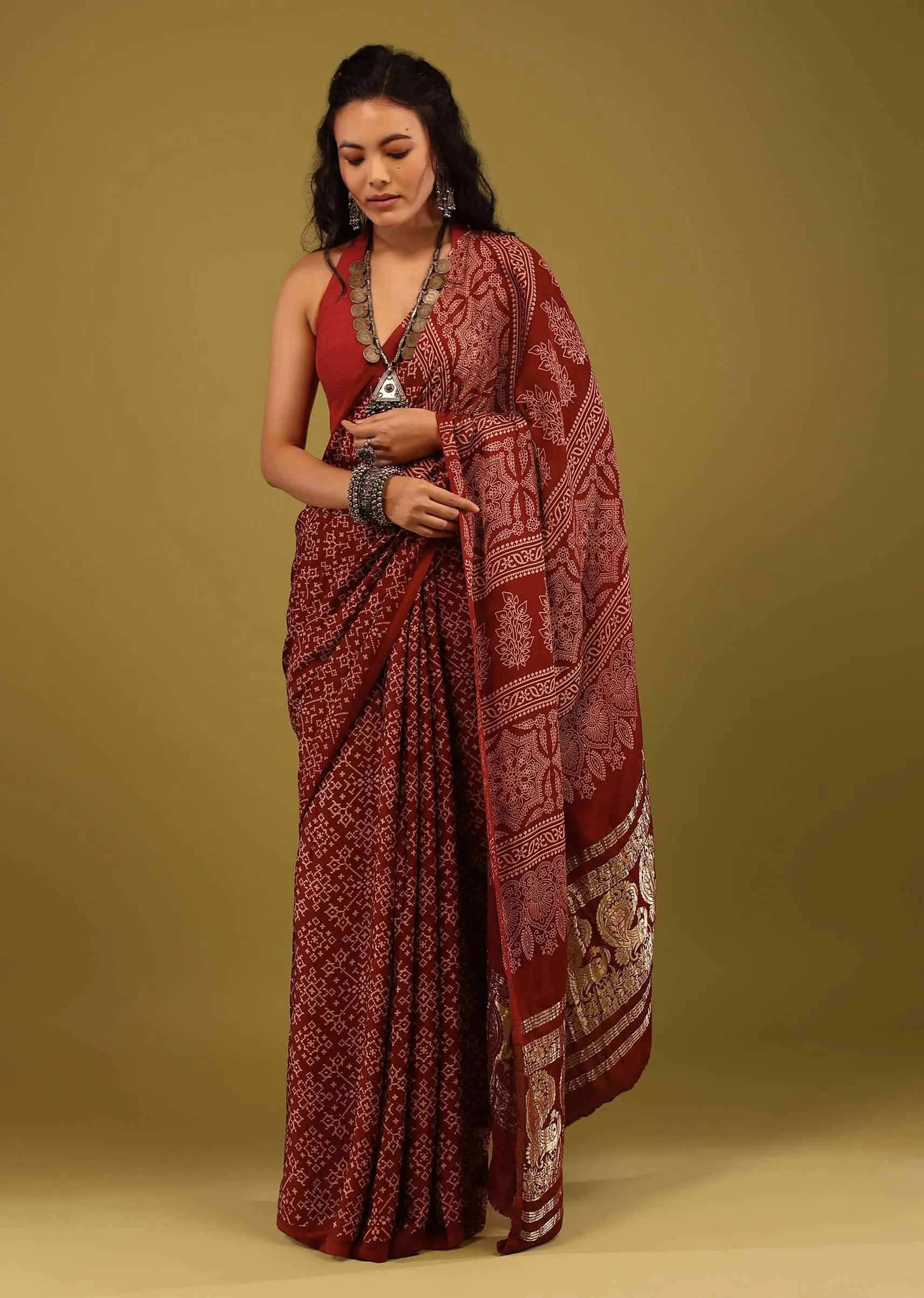 Carmine Red Saree In Satin With Ajrakh Block Print And Brocade Work