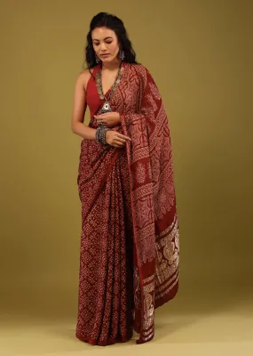 Carmine Red Saree In Satin With Ajrakh Block Print And Brocade Work