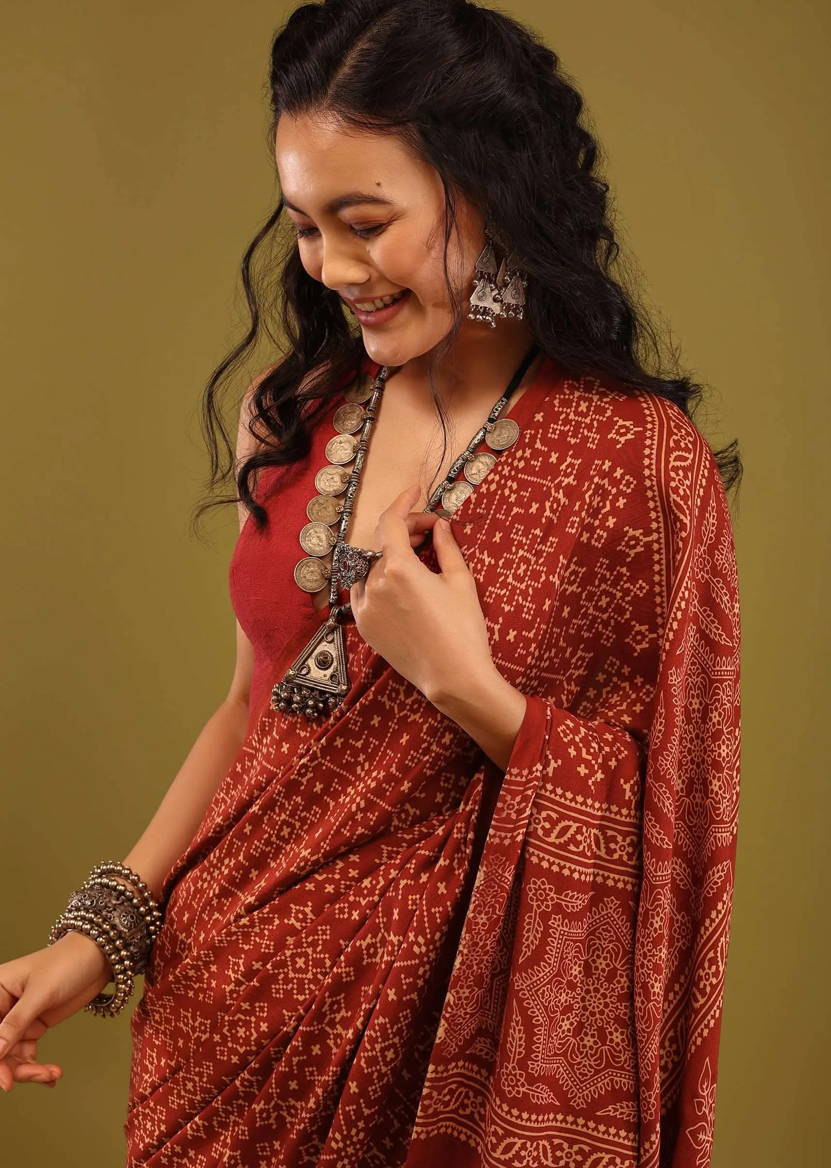 Carmine Red Saree In Satin With Ajrakh Block Print And Brocade Work