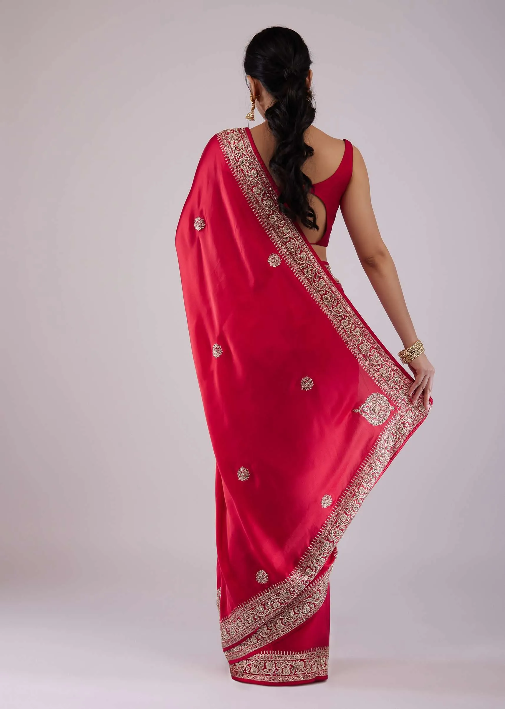 Carmine Red Satin Saree With Embroidery