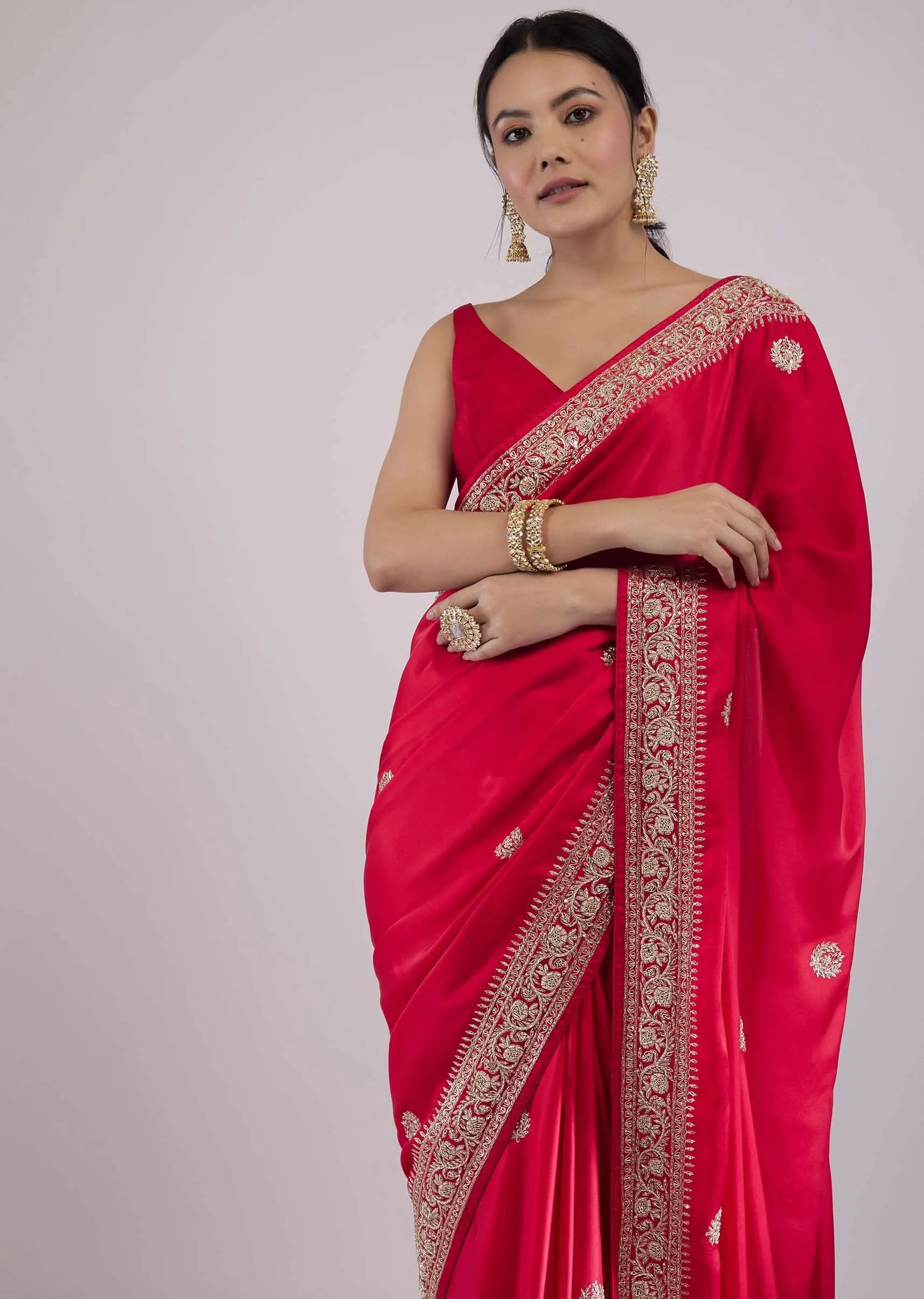 Carmine Red Satin Saree With Embroidery