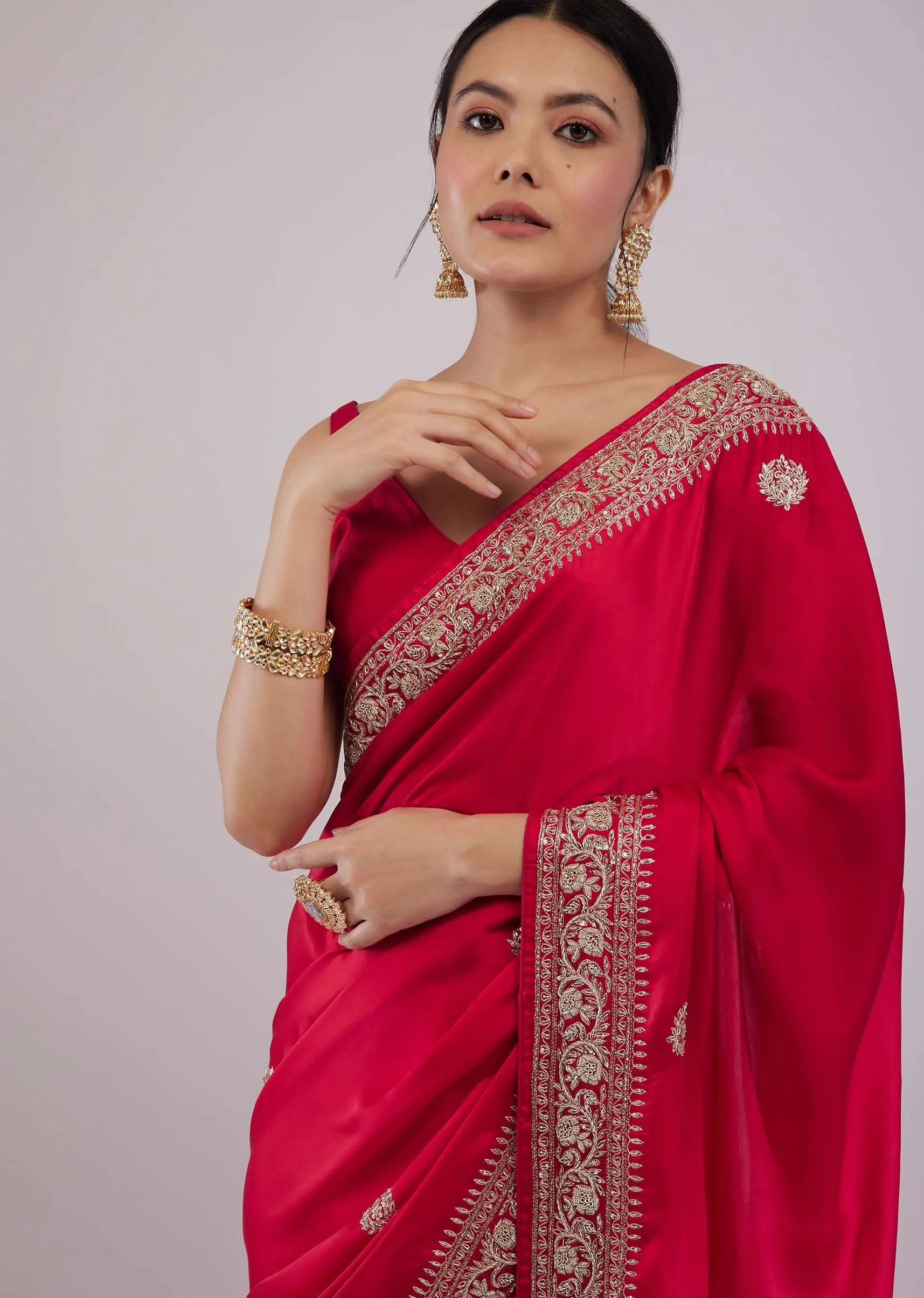 Carmine Red Satin Saree With Embroidery