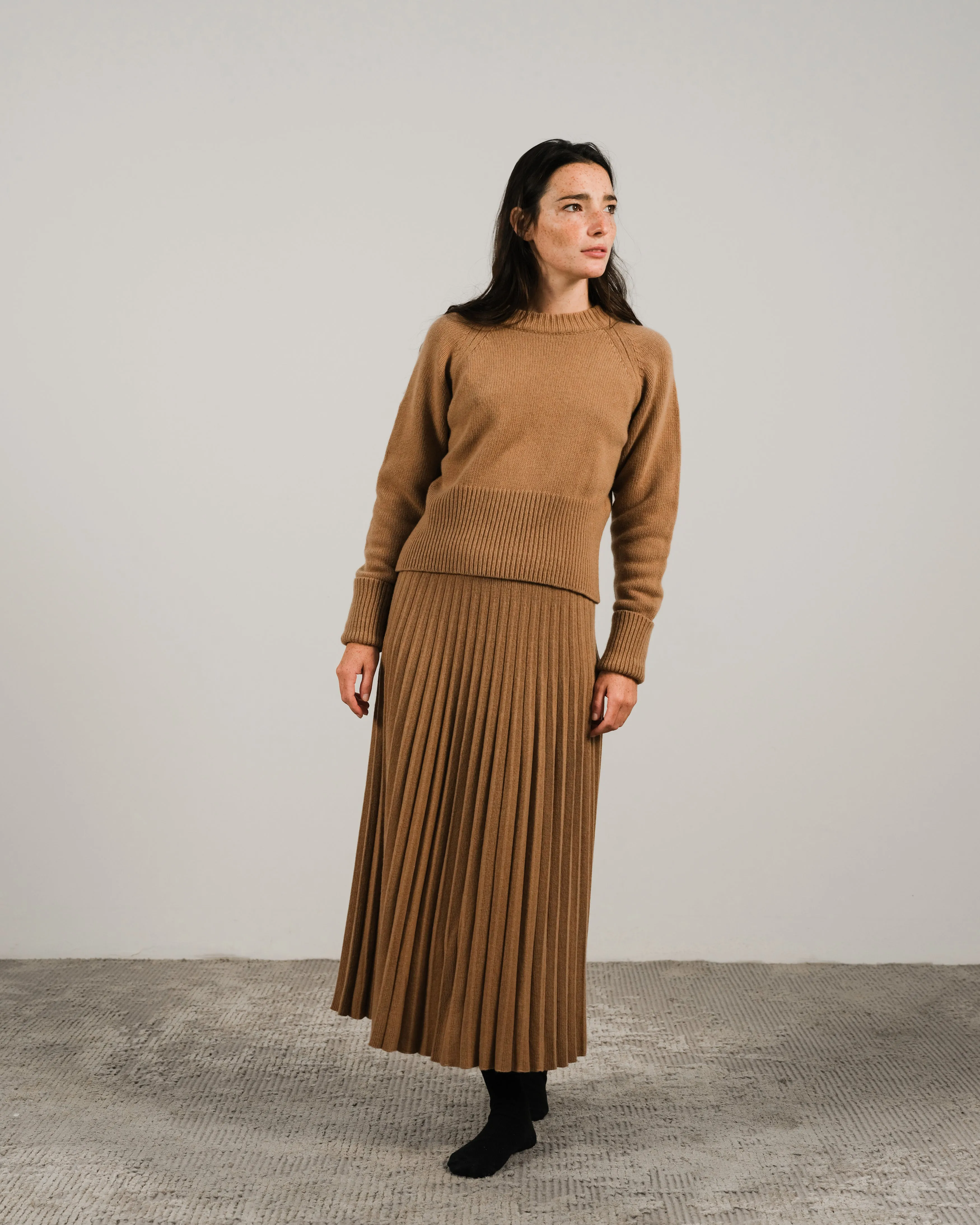 Cashmere Mix Roll-Up Cuff Crewneck Sweater