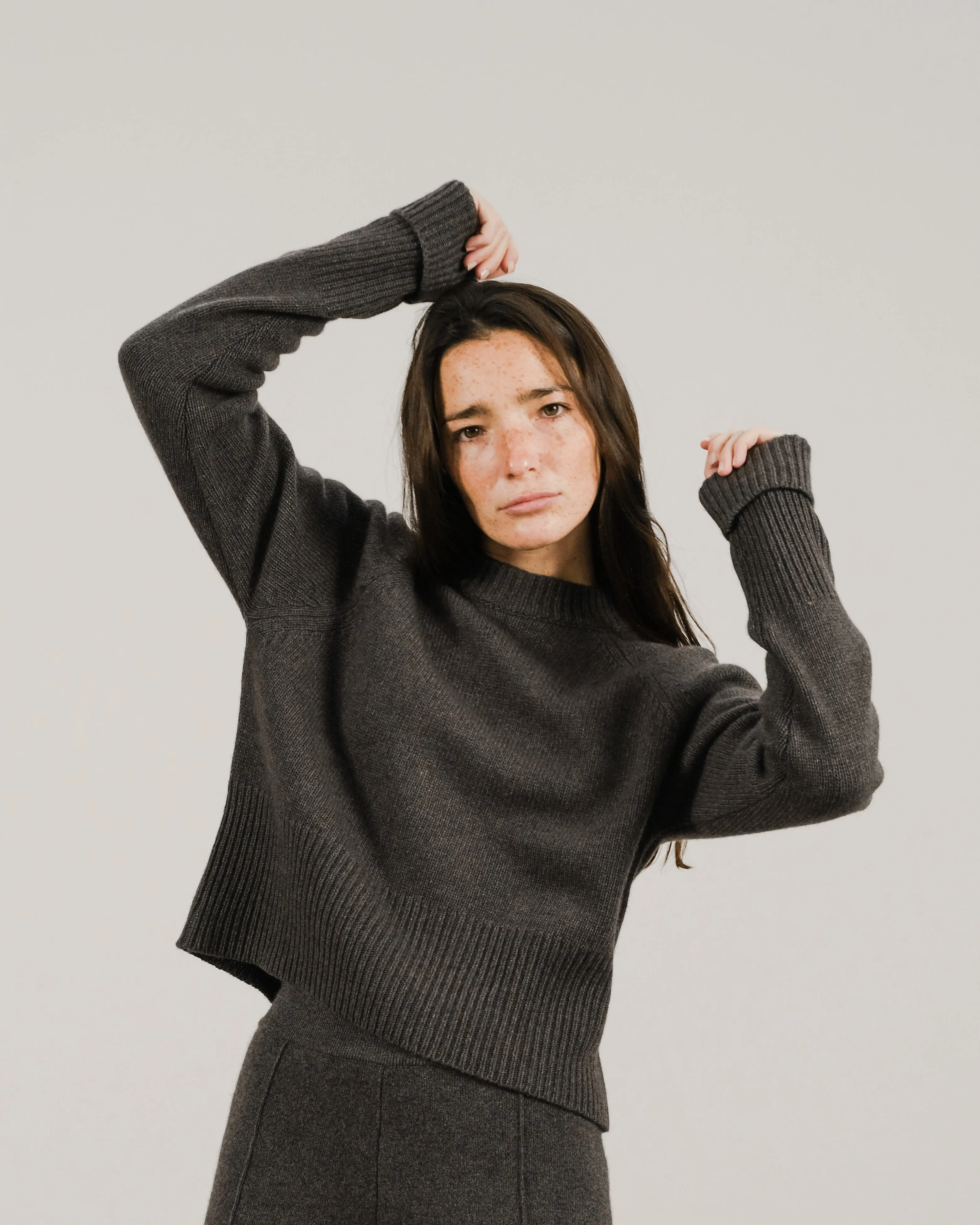 Cashmere Mix Roll-Up Cuff Crewneck Sweater