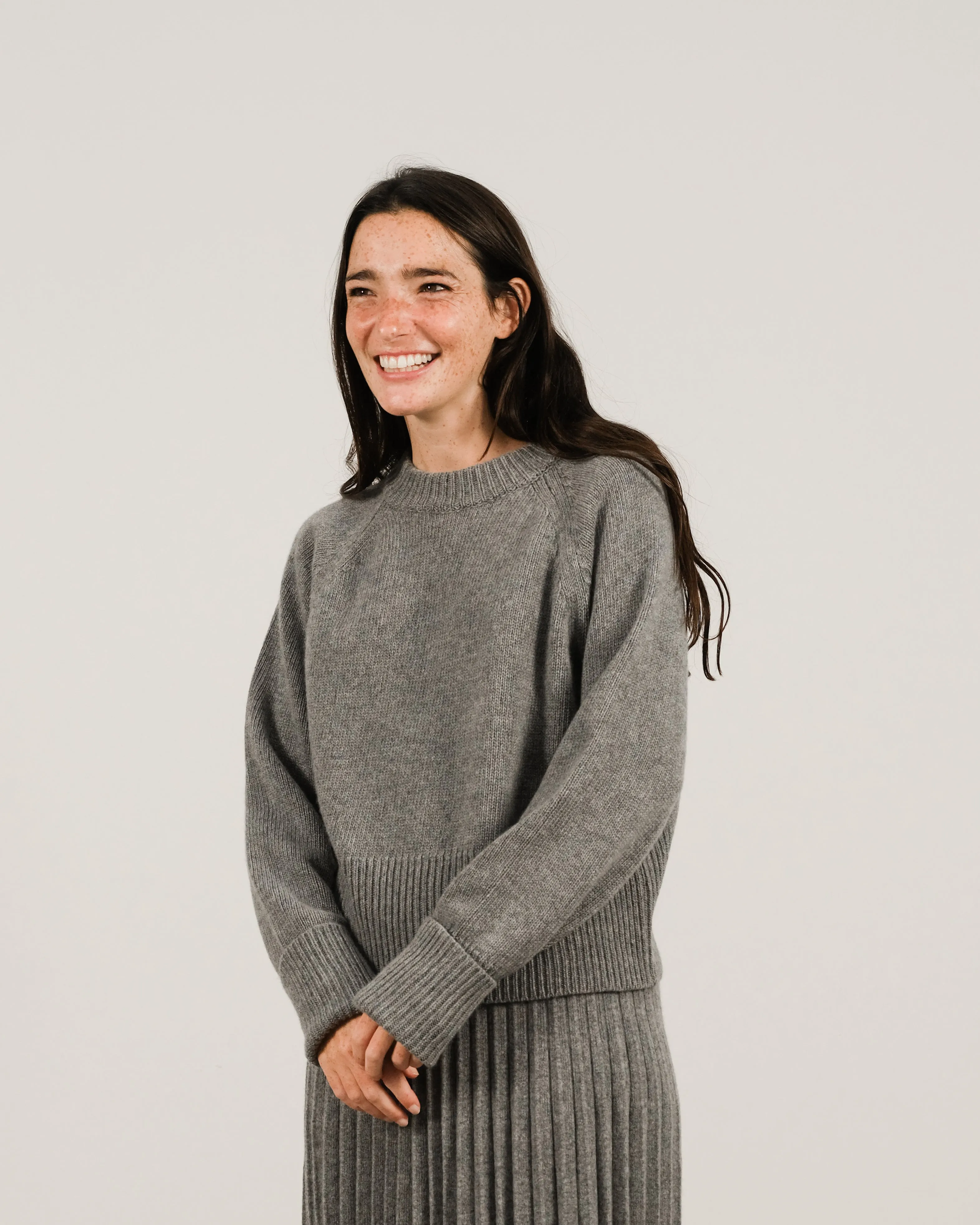 Cashmere Mix Roll-Up Cuff Crewneck Sweater
