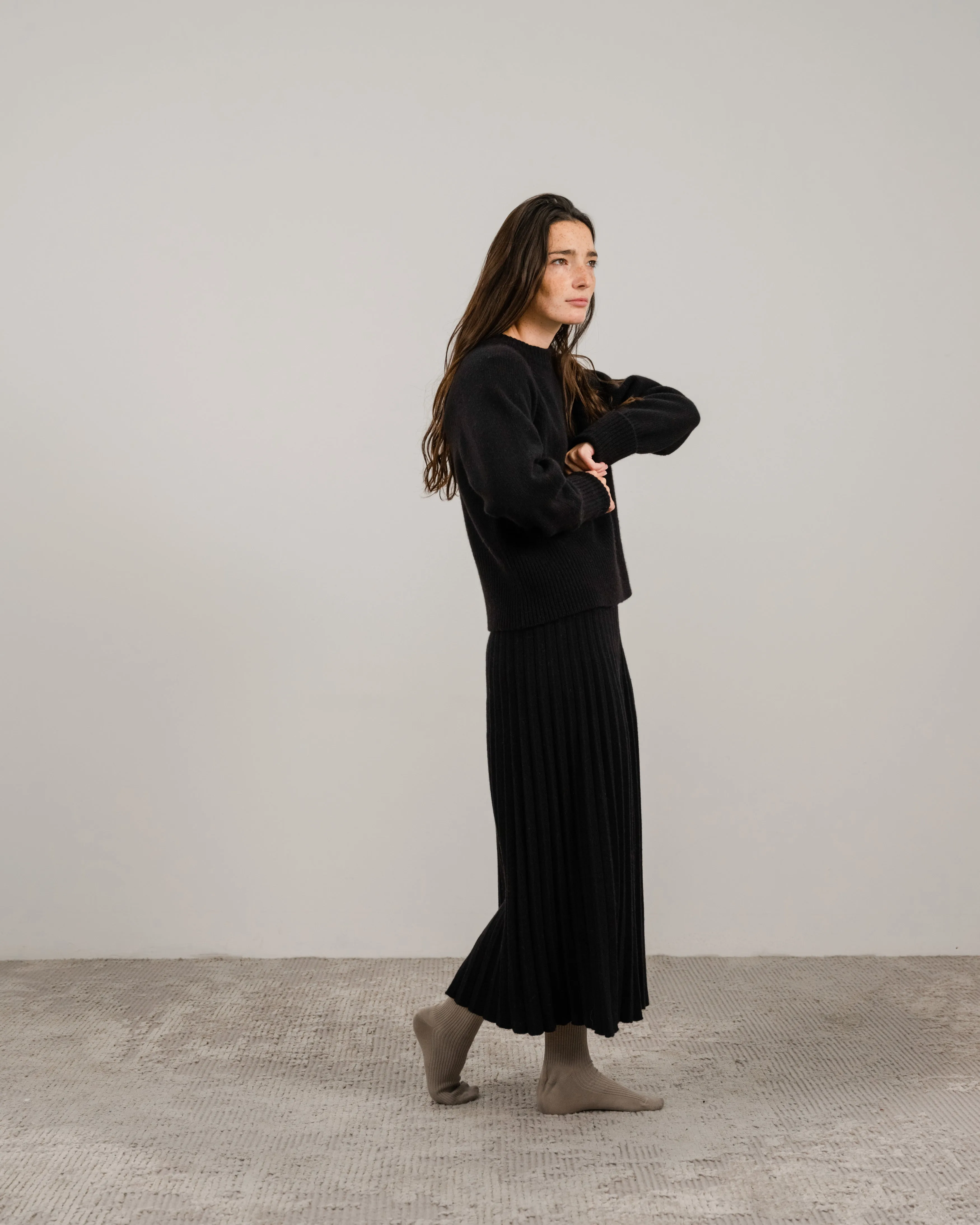 Cashmere Mix Roll-Up Cuff Crewneck Sweater