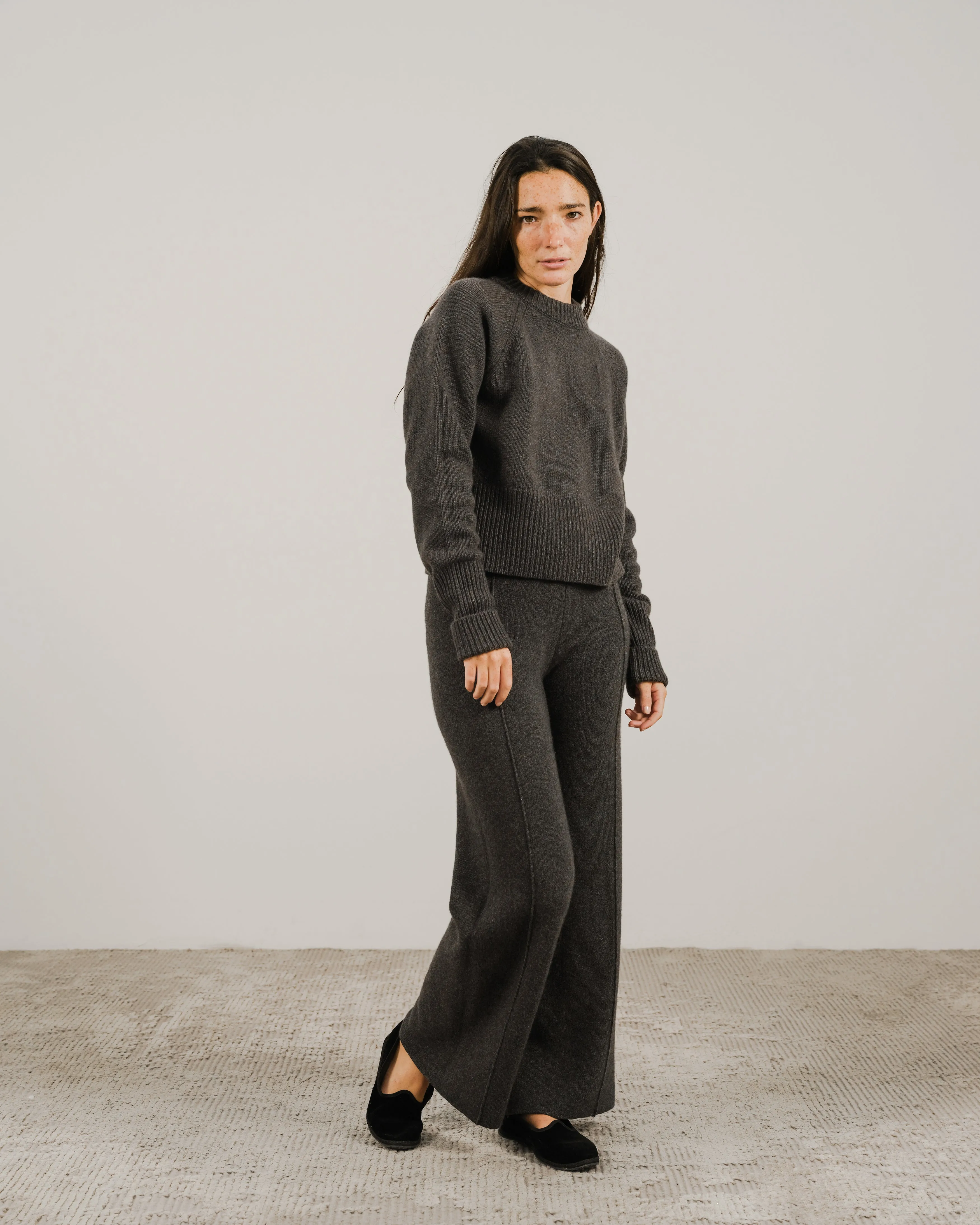 Cashmere Mix Roll-Up Cuff Crewneck Sweater