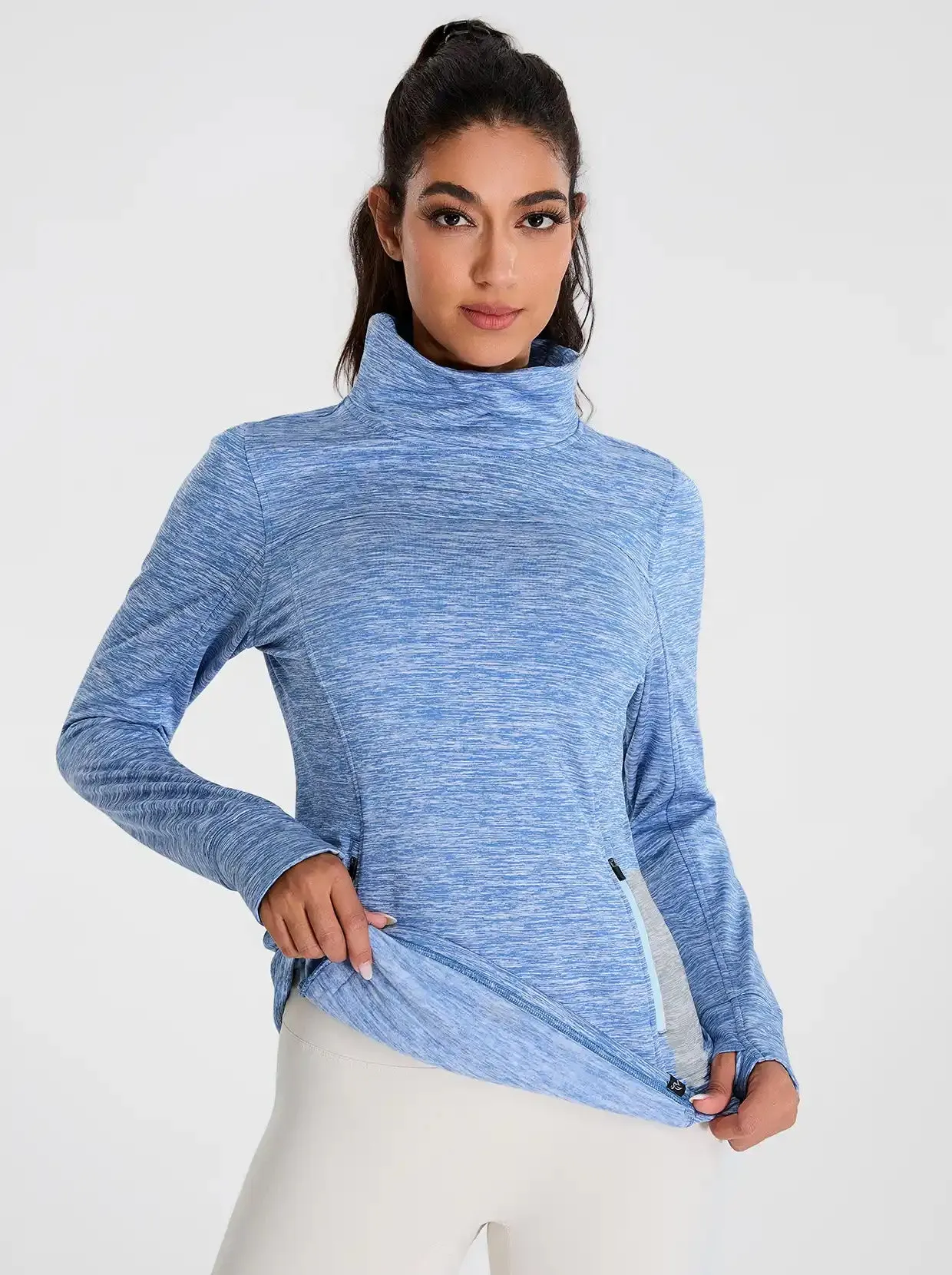 Cowl-neck Long-sleeve Fleece Top with Zip Pocket
