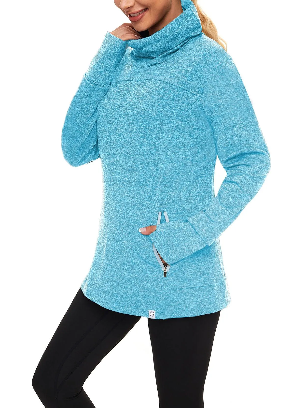 Cowl-neck Long-sleeve Fleece Top with Zip Pocket