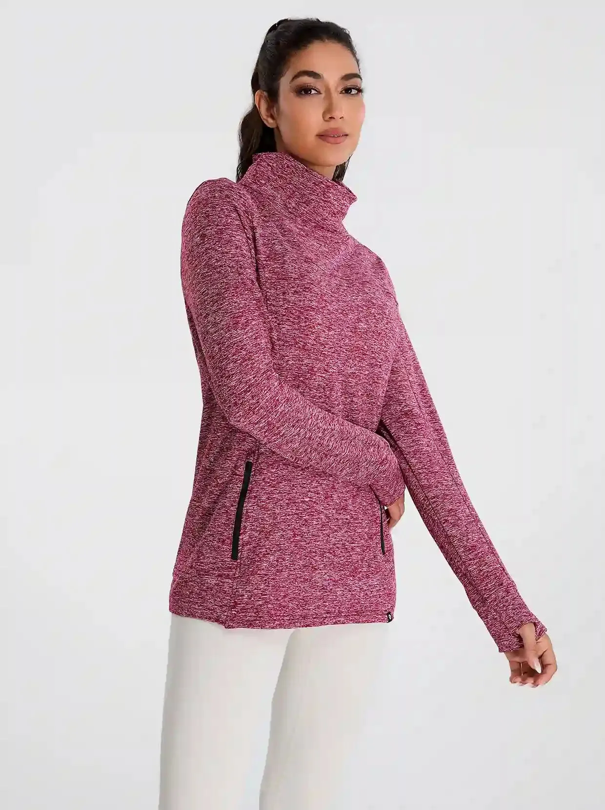 Cowl-neck Long-sleeve Fleece Top with Zip Pocket