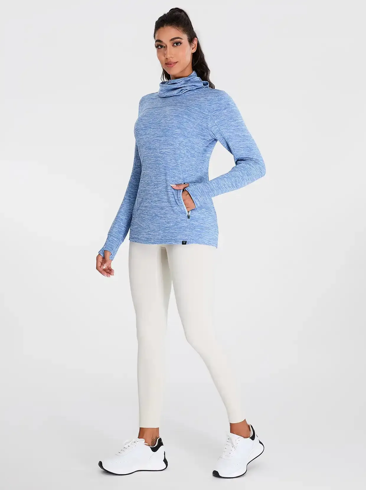 Cowl-neck Long-sleeve Fleece Top with Zip Pocket