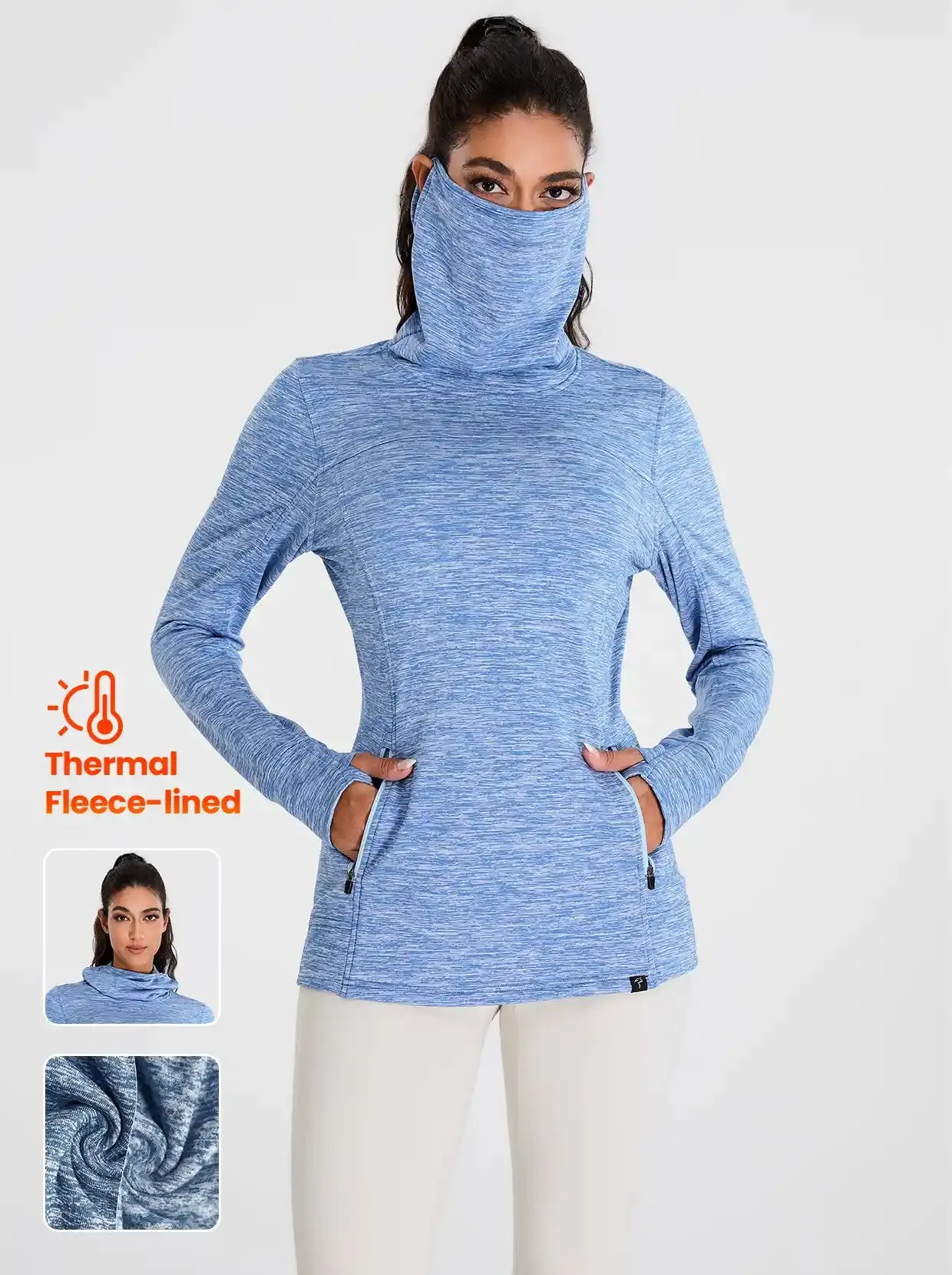 Cowl-neck Long-sleeve Fleece Top with Zip Pocket