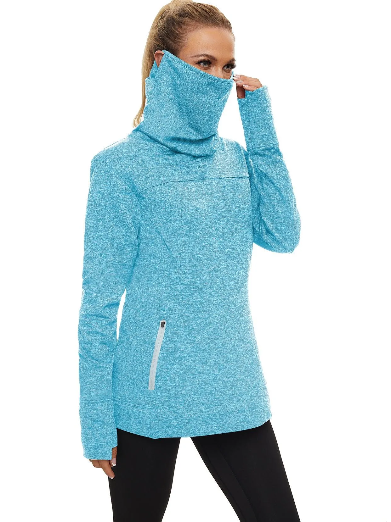 Cowl-neck Long-sleeve Fleece Top with Zip Pocket