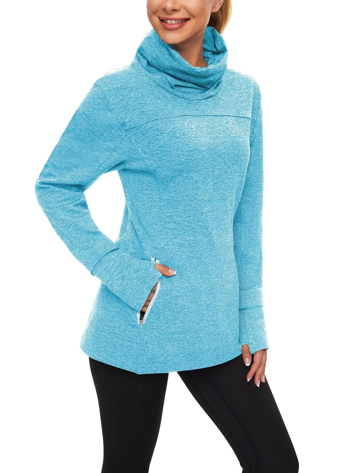 Cowl-neck Long-sleeve Fleece Top with Zip Pocket
