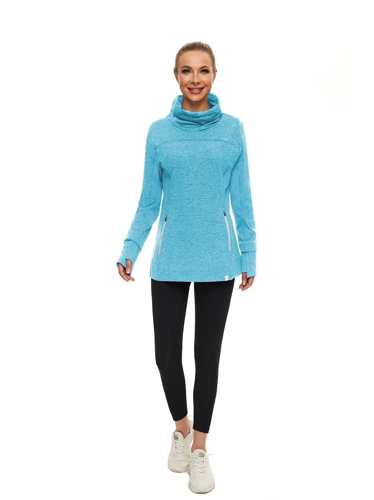 Cowl-neck Long-sleeve Fleece Top with Zip Pocket
