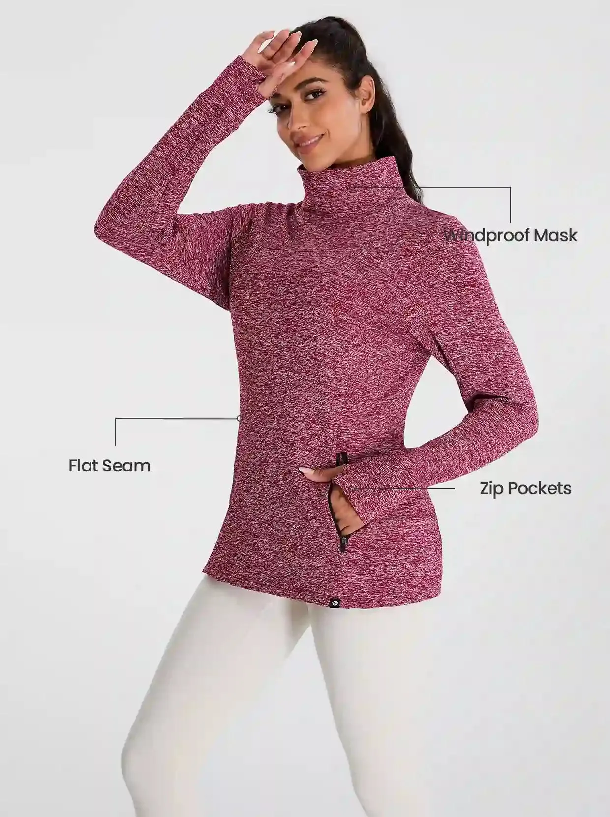 Cowl-neck Long-sleeve Fleece Top with Zip Pocket