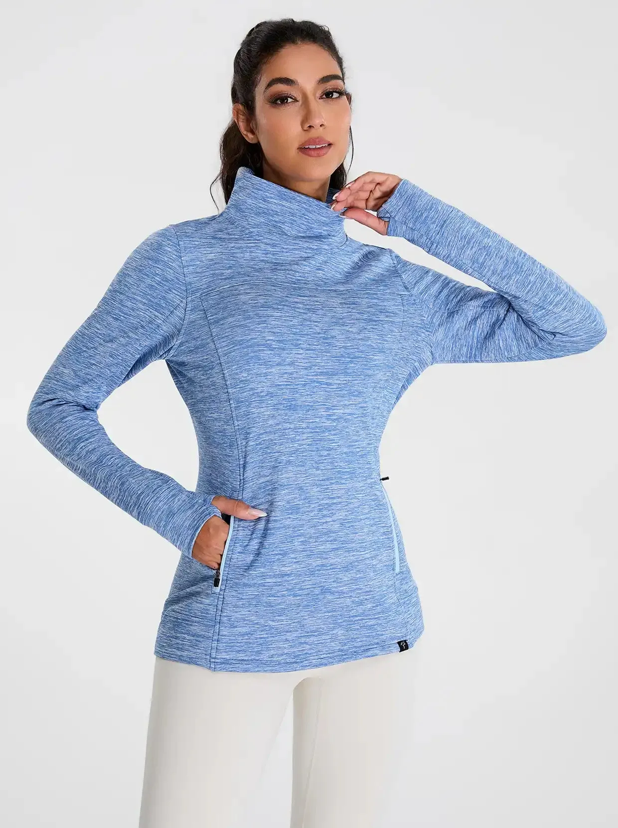 Cowl-neck Long-sleeve Fleece Top with Zip Pocket