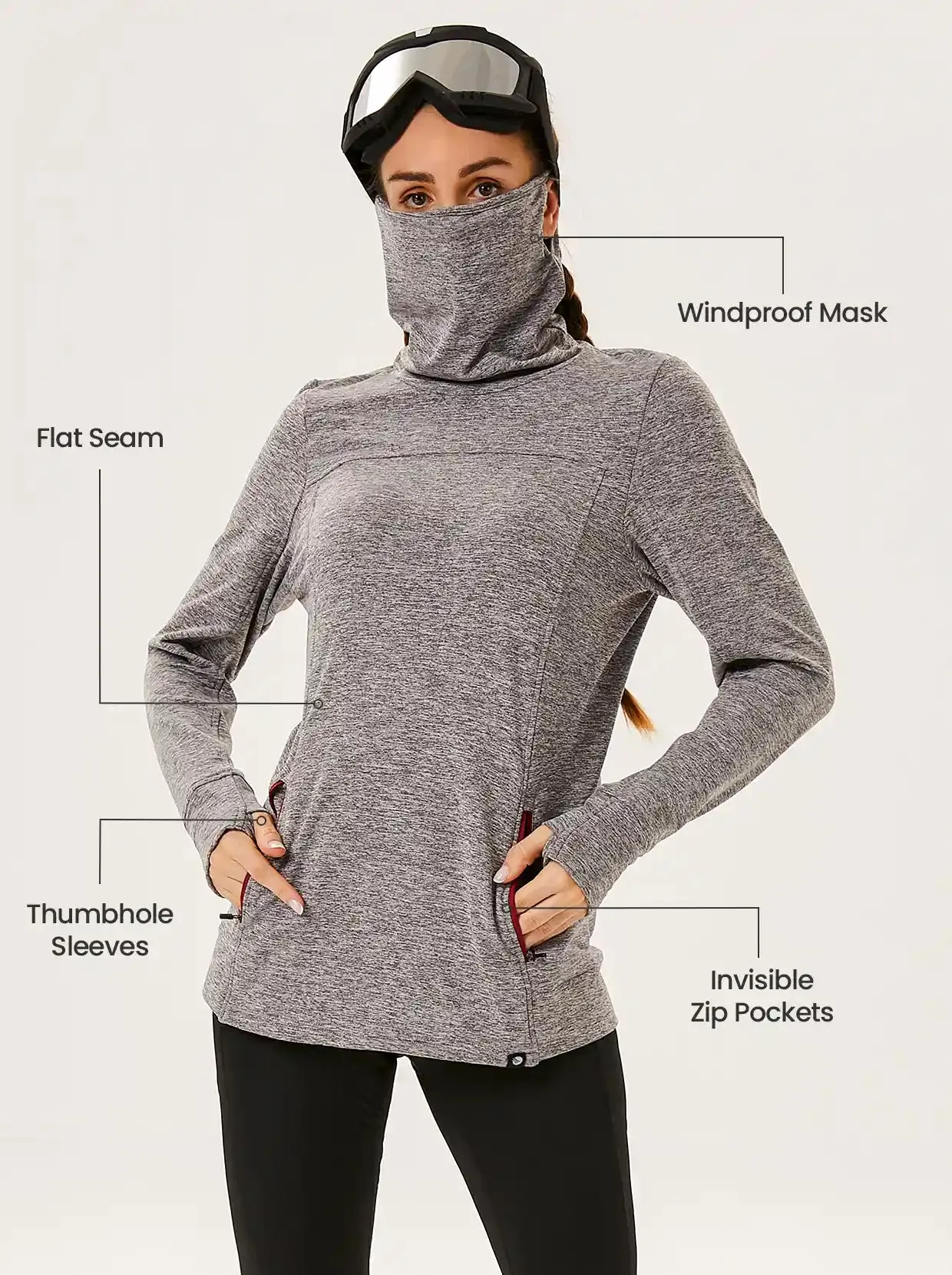 Cowl-neck Long-sleeve Fleece Top with Zip Pocket