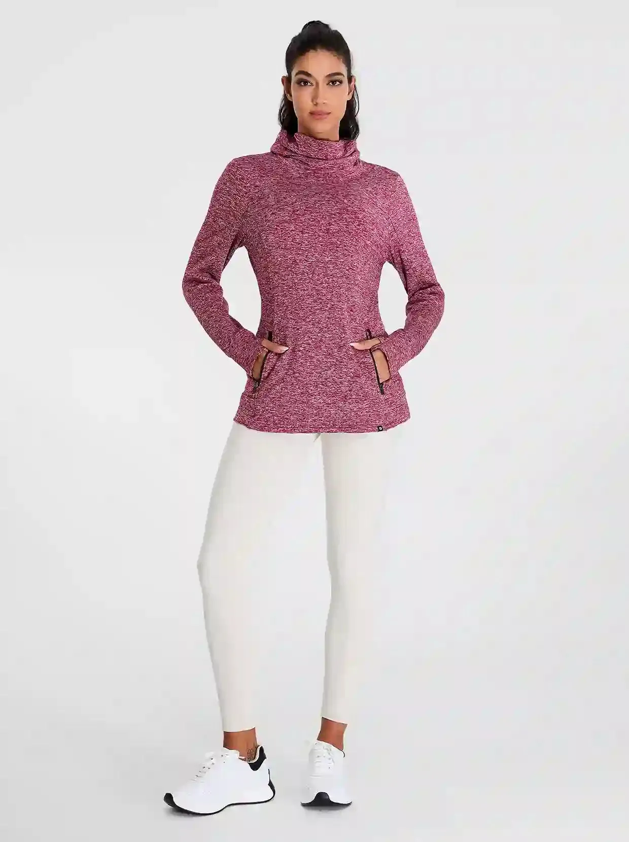 Cowl-neck Long-sleeve Fleece Top with Zip Pocket