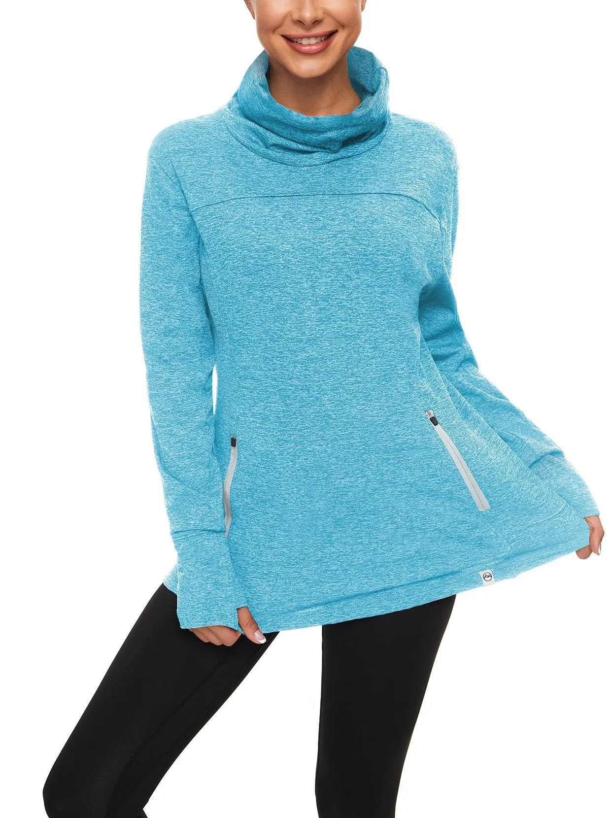 Cowl-neck Long-sleeve Fleece Top with Zip Pocket