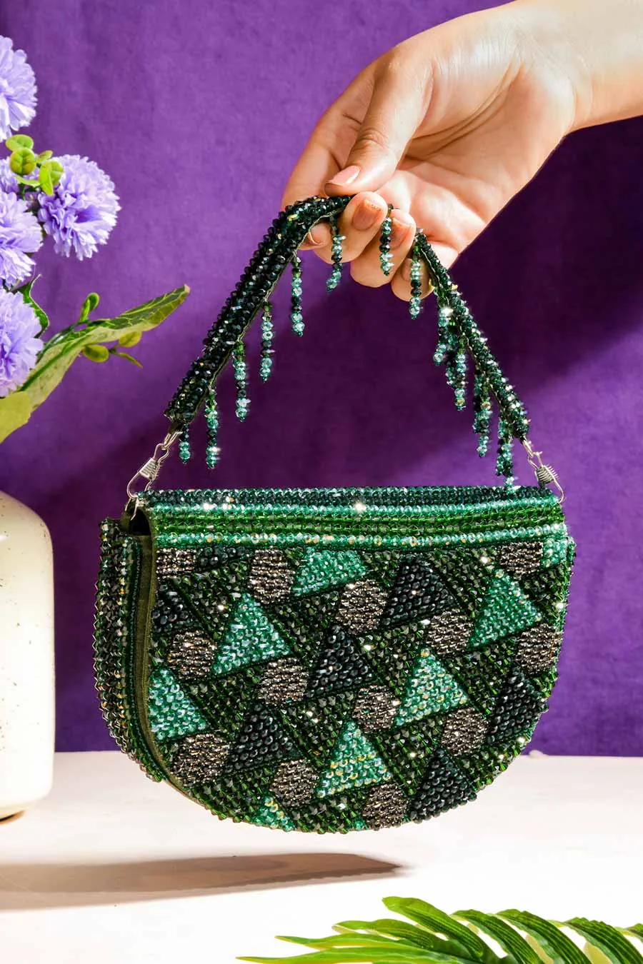 Dark Green Hand-Embroidered Clutch