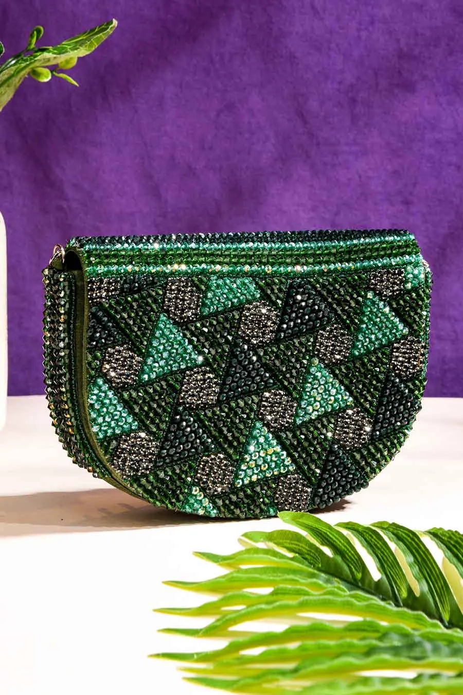 Dark Green Hand-Embroidered Clutch