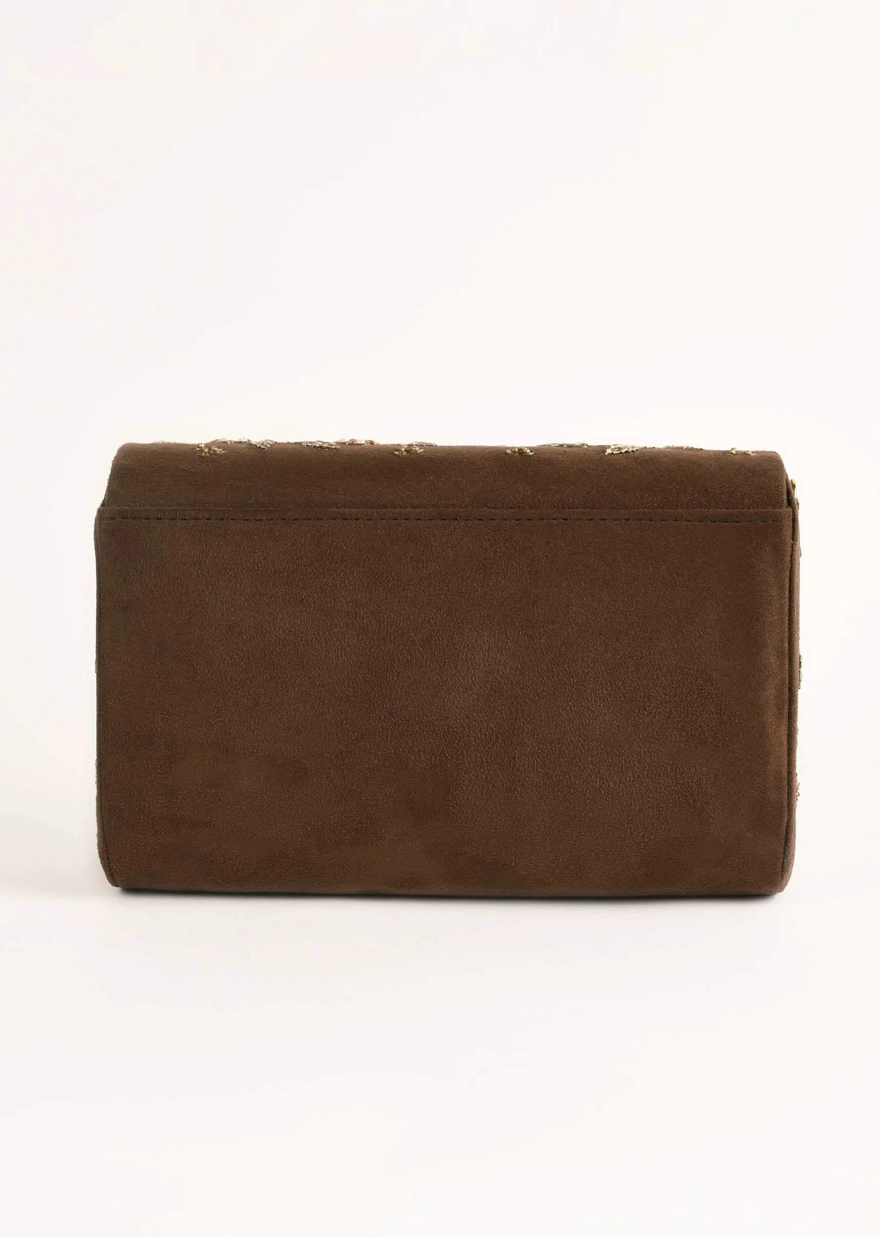 Espresso Brown Clutch In Suede With Zardosi Embroidered Floral Motifs Online - Kalki Fashion