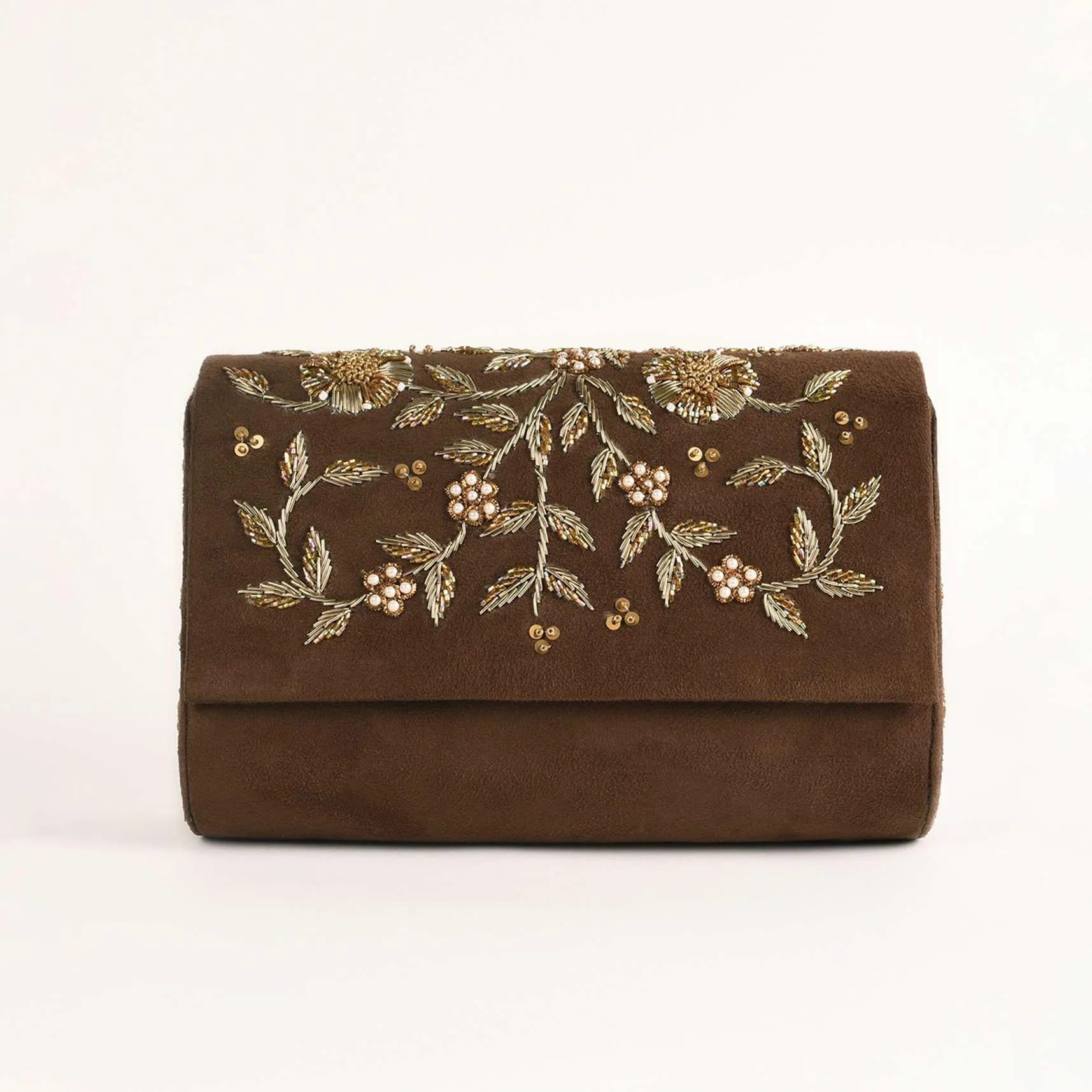 Espresso Brown Clutch In Suede With Zardosi Embroidered Floral Motifs Online - Kalki Fashion