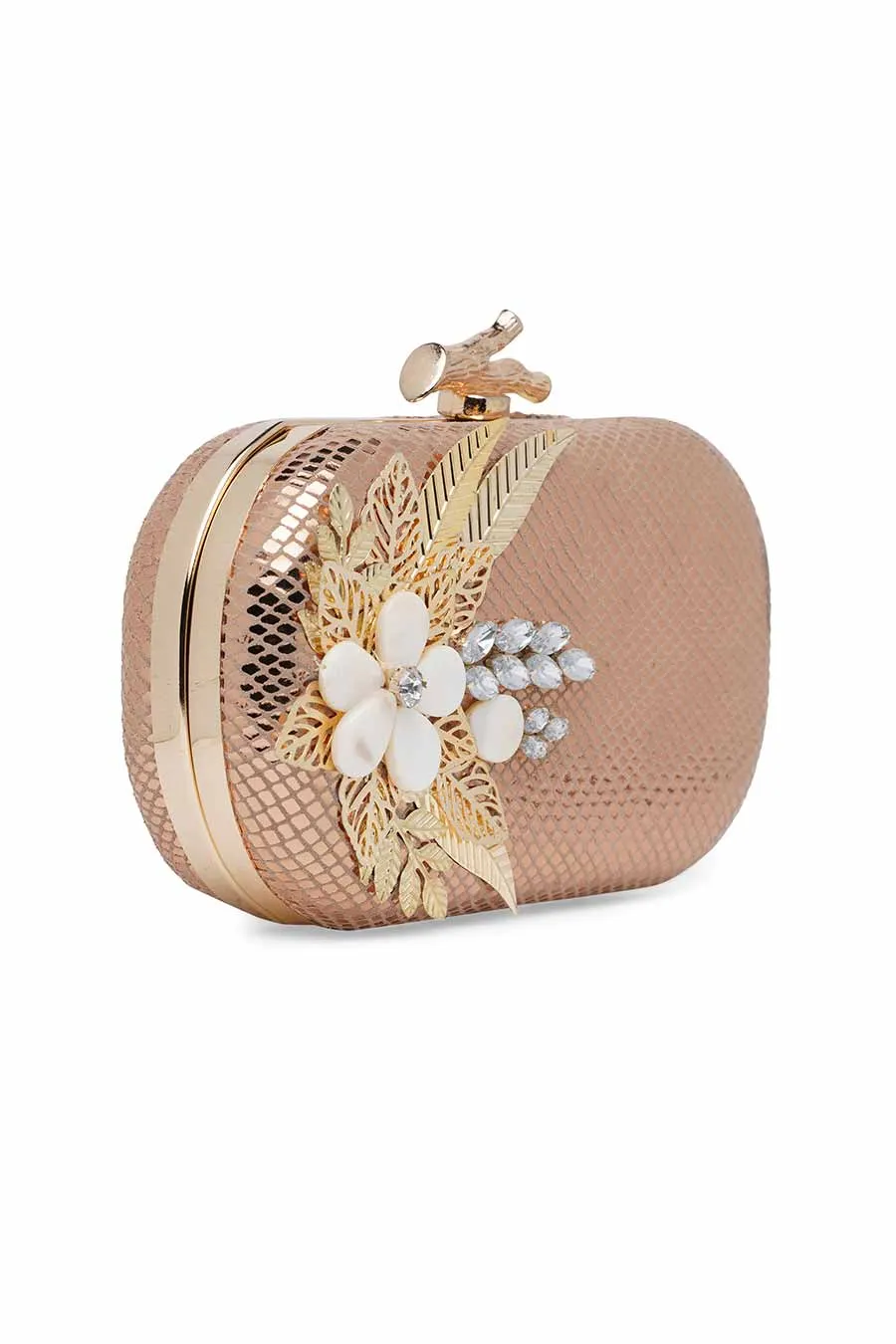 Gold Leather Stonework Clutch