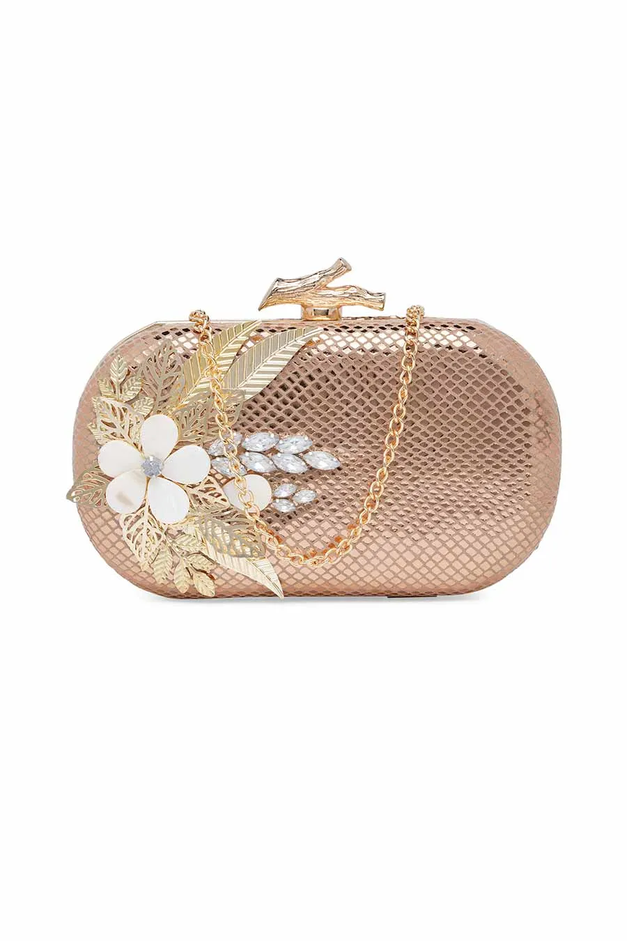 Gold Leather Stonework Clutch