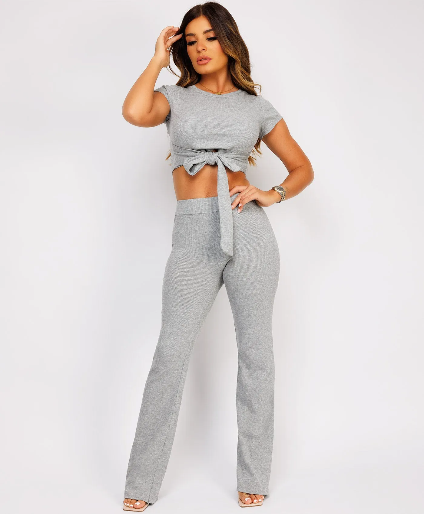 Grey Flare Trousers Tie Up Crop Top Loungewear Set