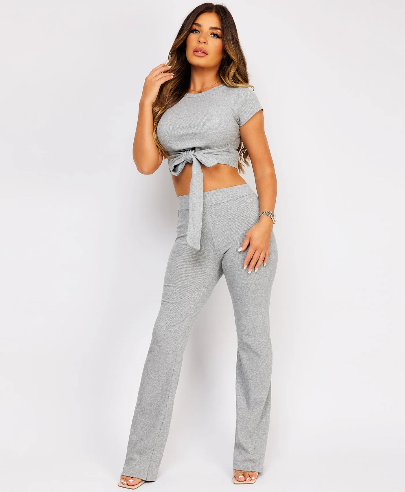 Grey Flare Trousers Tie Up Crop Top Loungewear Set