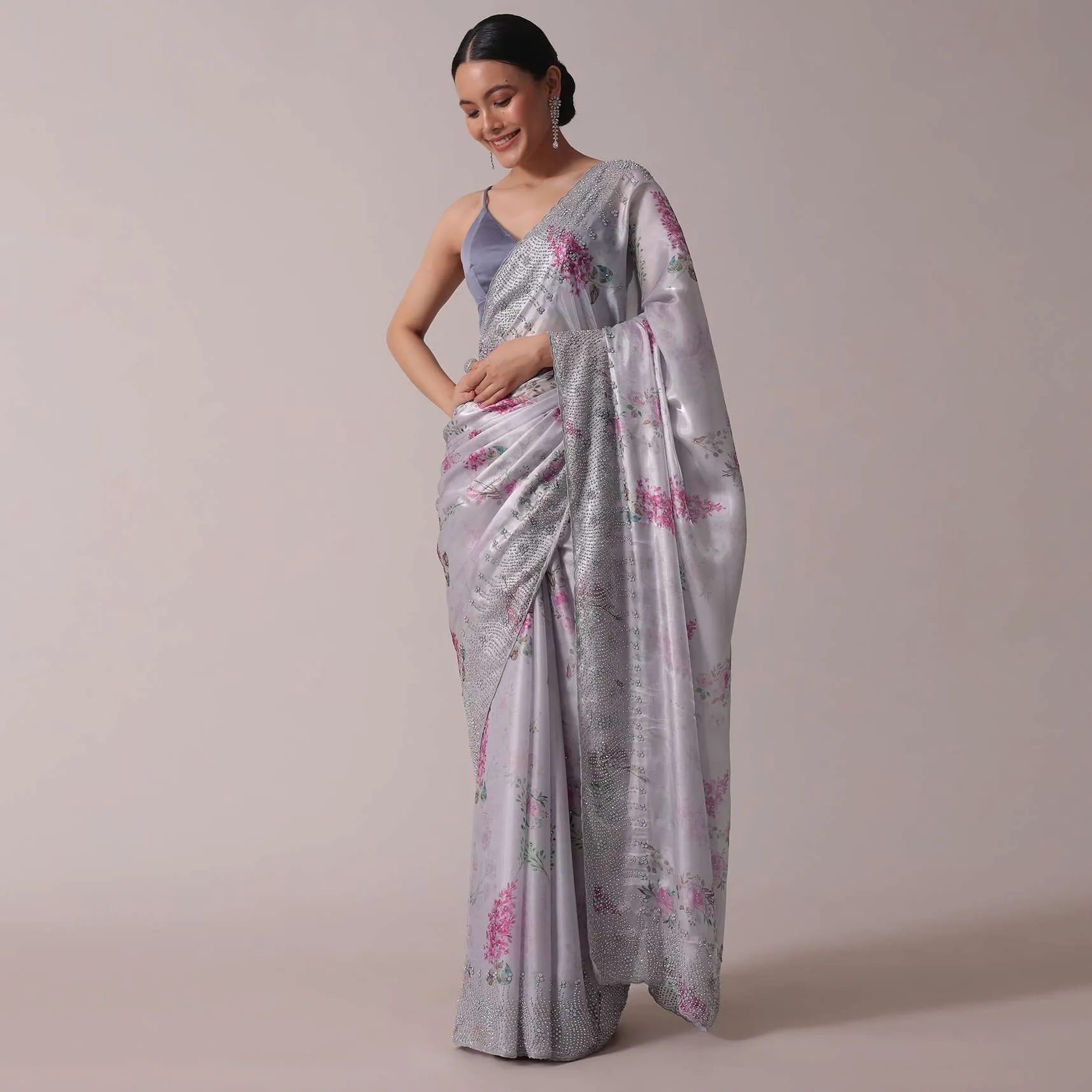 Grey Printed Festive Saree With Embroidery In Satin Organza