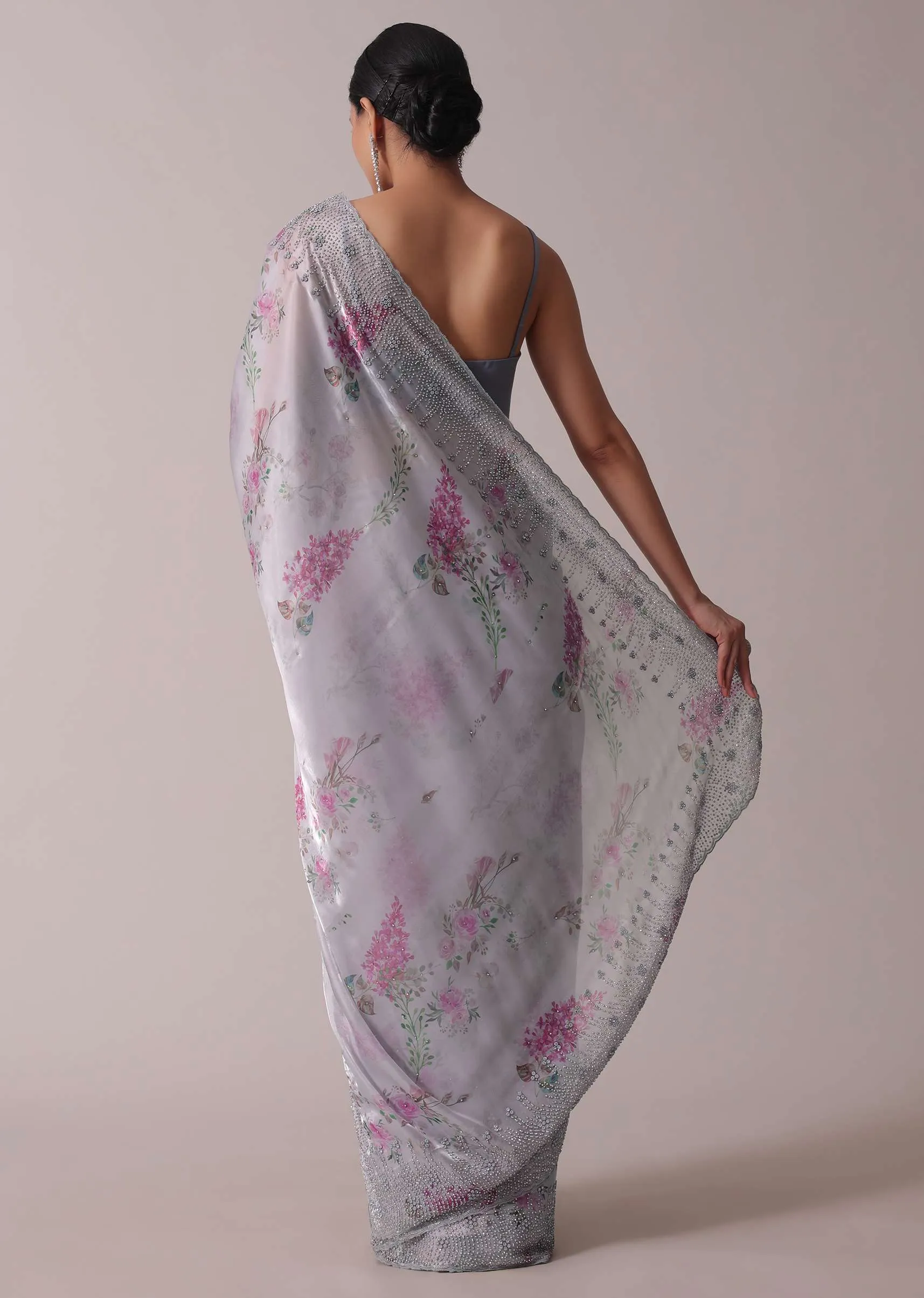 Grey Printed Festive Saree With Embroidery In Satin Organza
