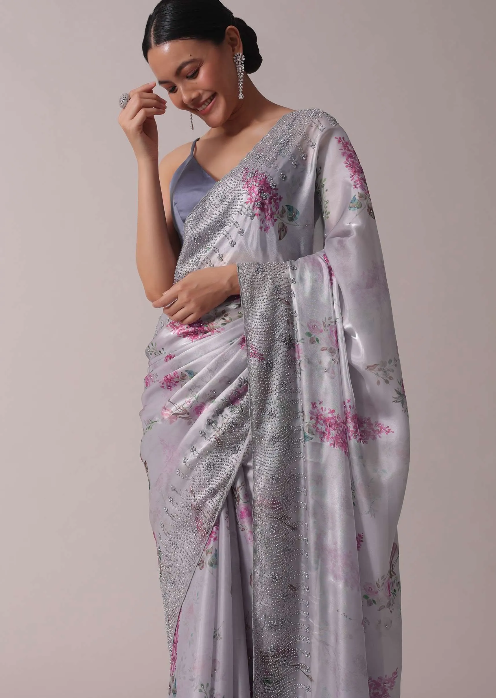 Grey Printed Festive Saree With Embroidery In Satin Organza