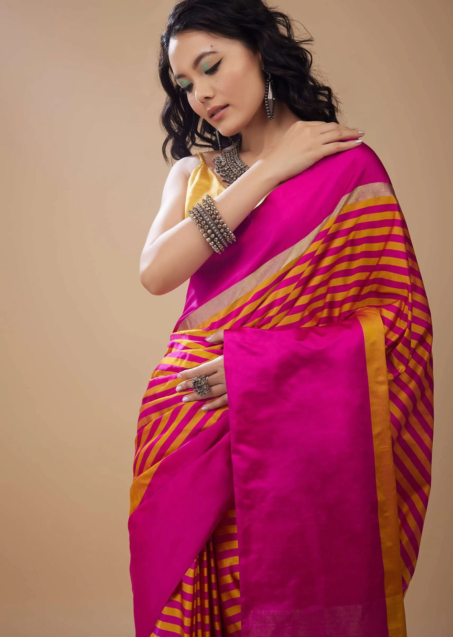 Hot Pink Satin Printed Saree With Dual Tone Stripes