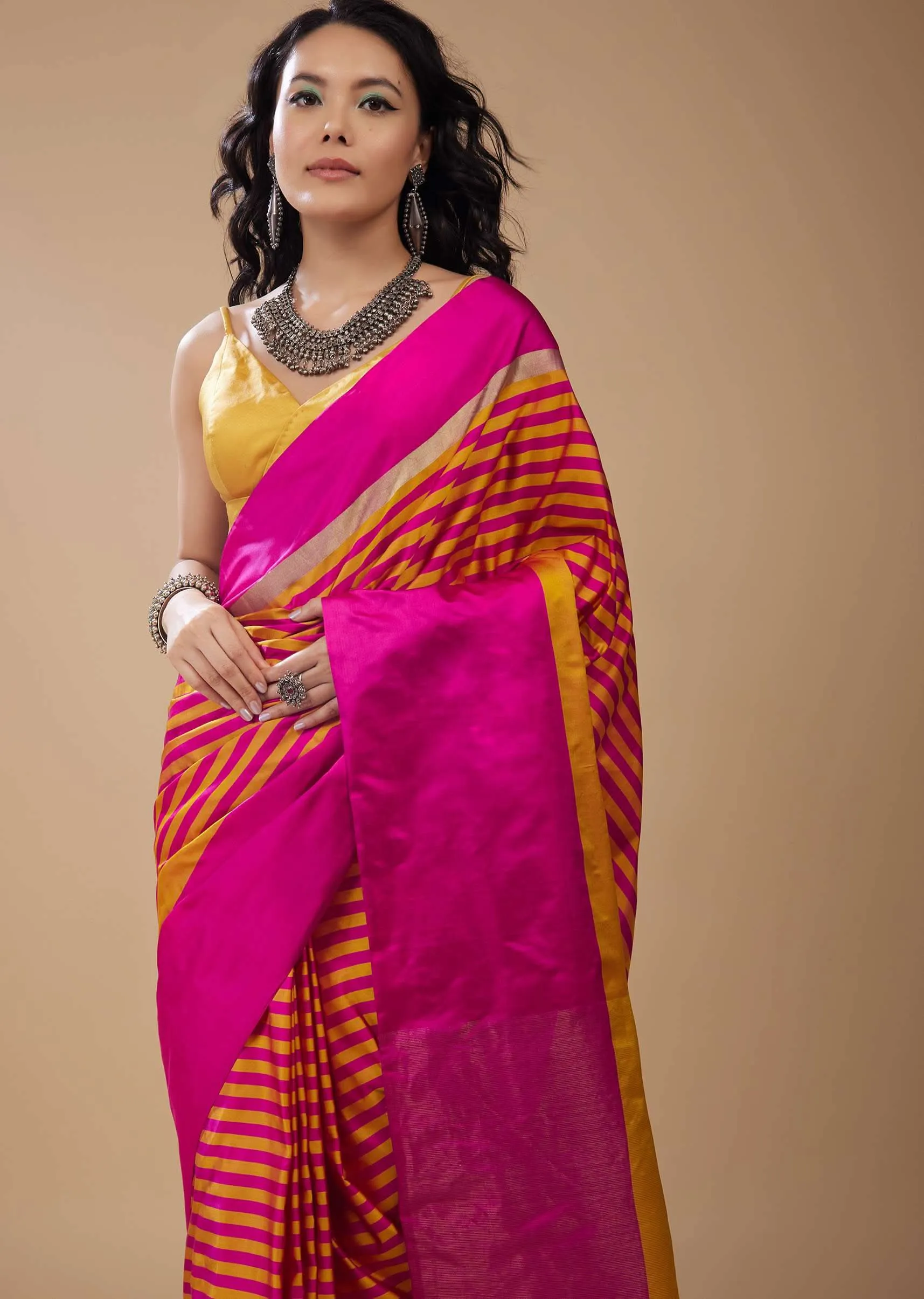 Hot Pink Satin Printed Saree With Dual Tone Stripes